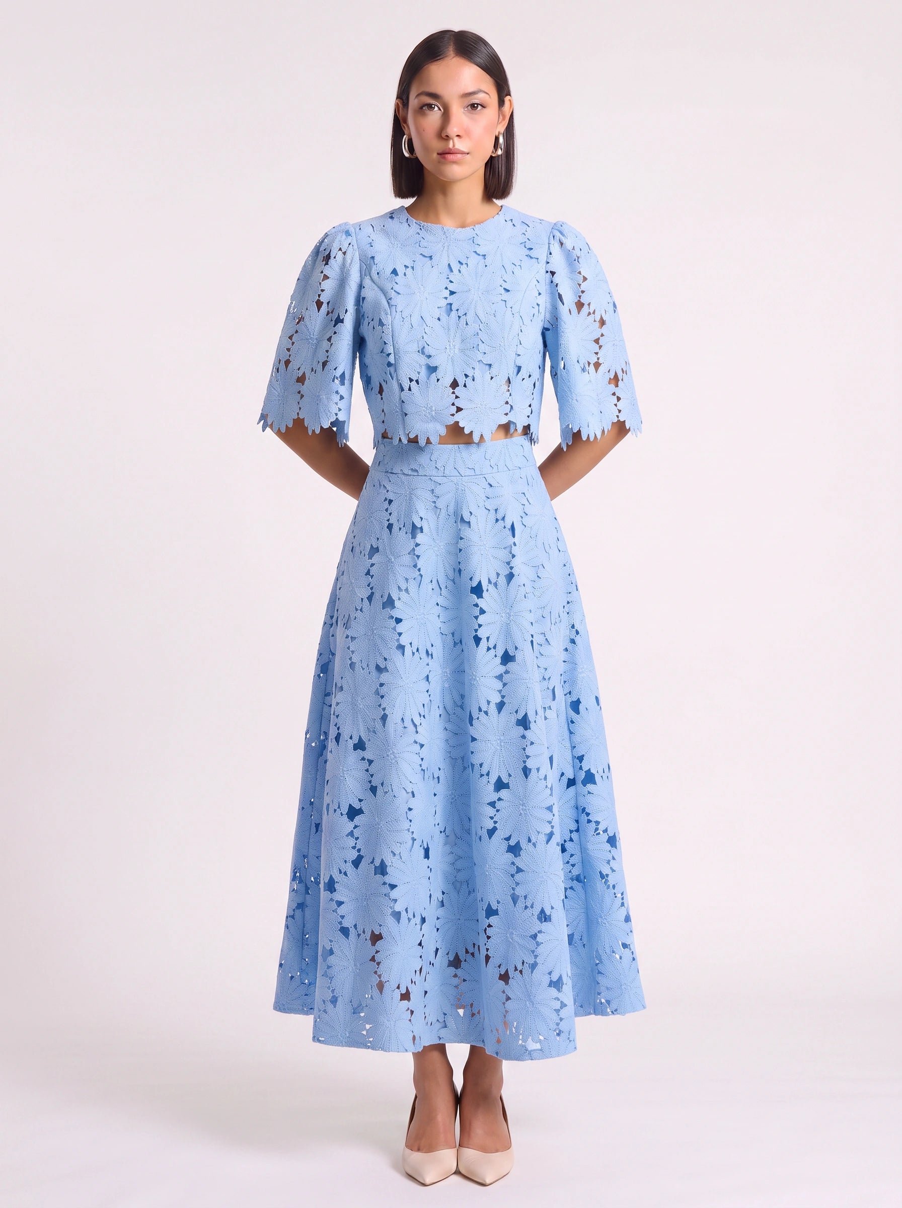 Marguese Floral Lace Crop Top Maxi Skirt Set – Women Co-Ord Two Piece Formal Wedding Guest Cocktail Midi Dress
