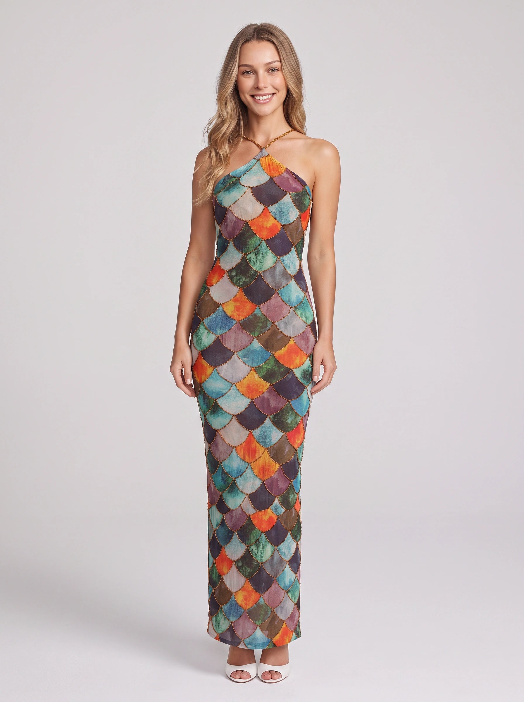 Scaglia Chain Halter Maxi Dress – Sequin Scalloped Summer Women Formal Cocktail Party Evening Maxi Dress