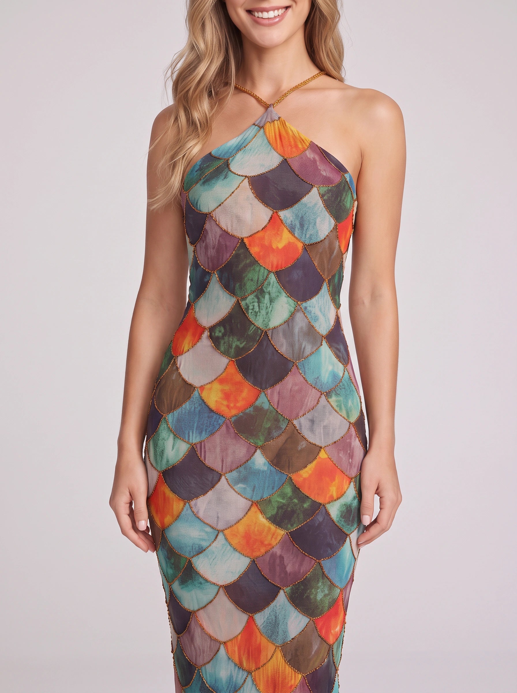 Scaglia Chain Halter Maxi Dress – Sequin Scalloped Summer Women Formal Cocktail Party Evening Maxi Dress