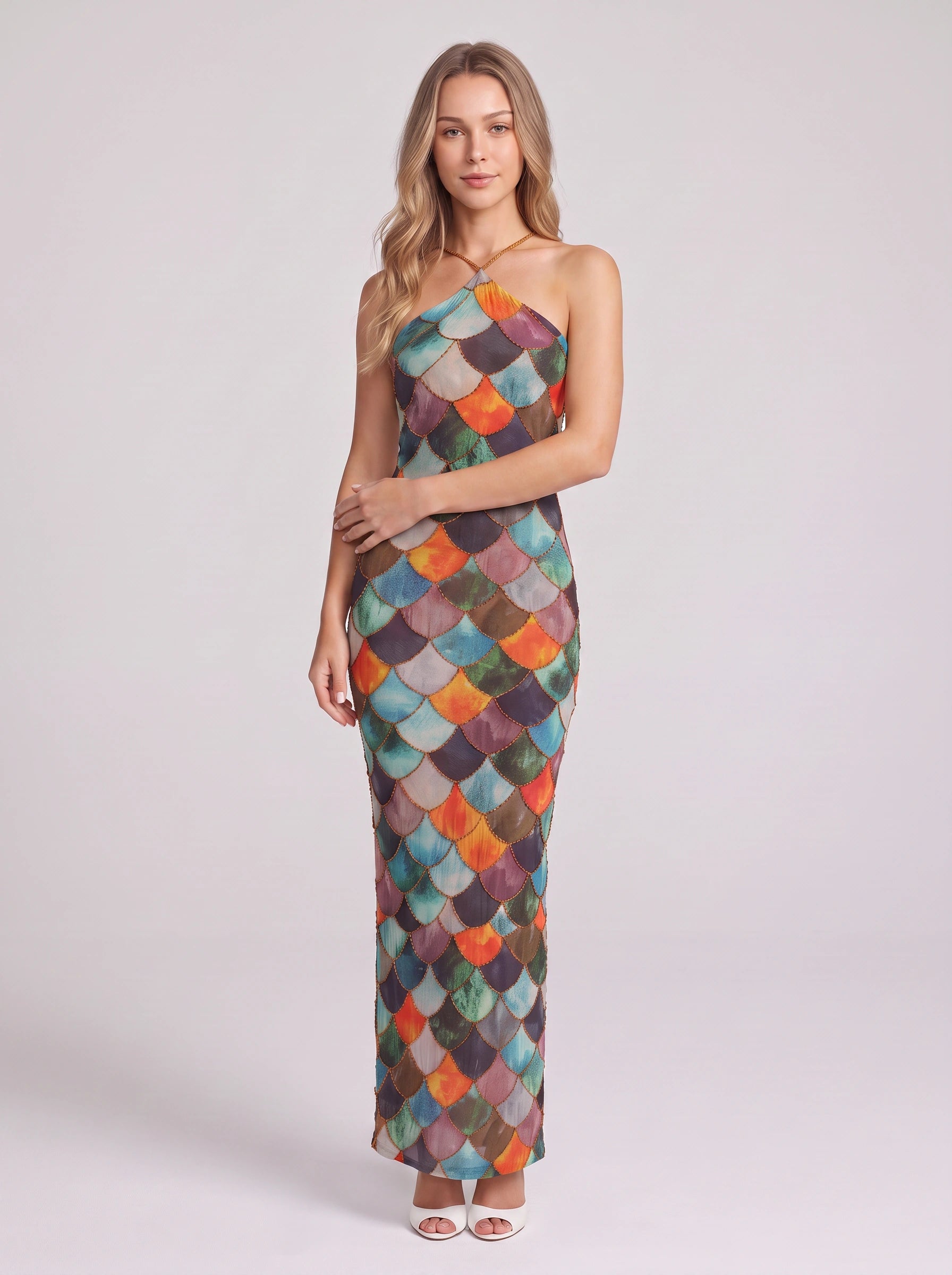 Scaglia Chain Halter Maxi Dress – Sequin Scalloped Summer Women Formal Cocktail Party Evening Maxi Dress