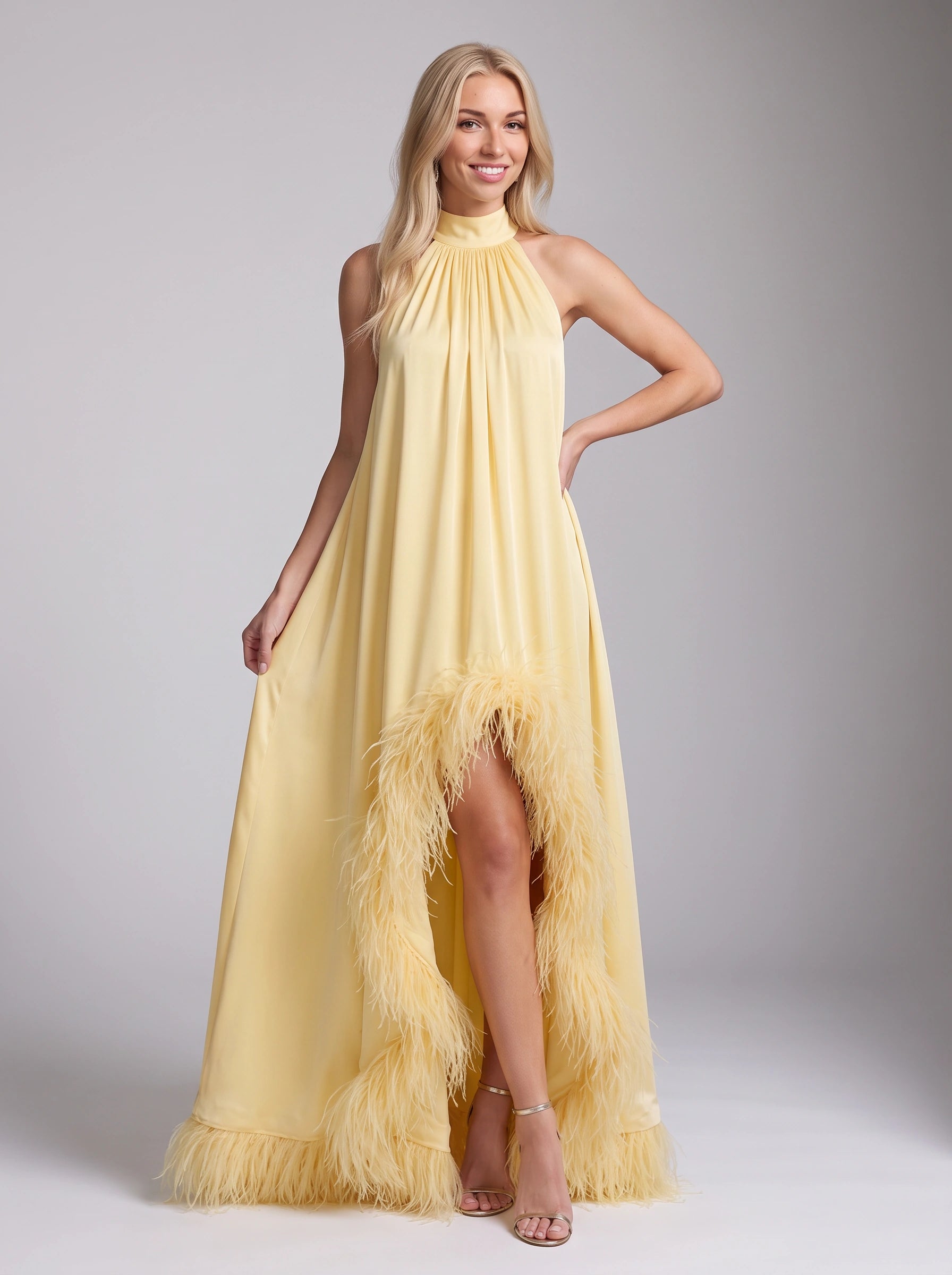 Piuma Feather-Trim Halter Maxi Dress – Yellow Halter Neck Dress Women Evening Formal Wedding Guest Maxi Dress