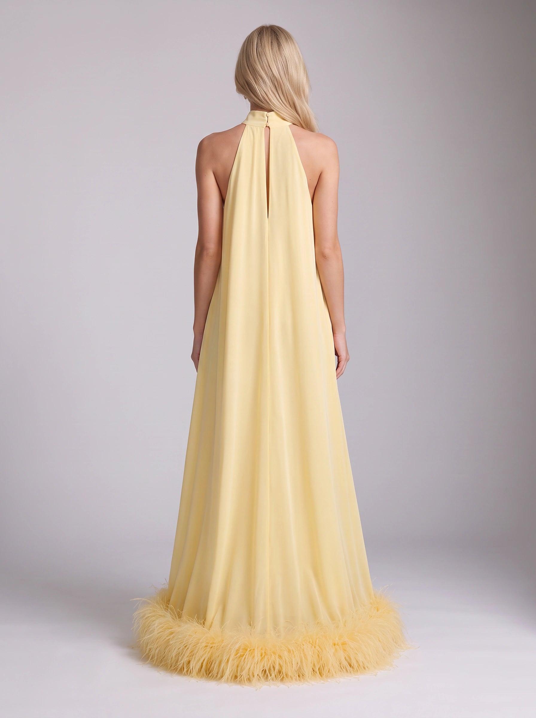 Piuma Feather-Trim Halter Maxi Dress – Yellow Halter Neck Dress Women Evening Formal Wedding Guest Maxi Dress