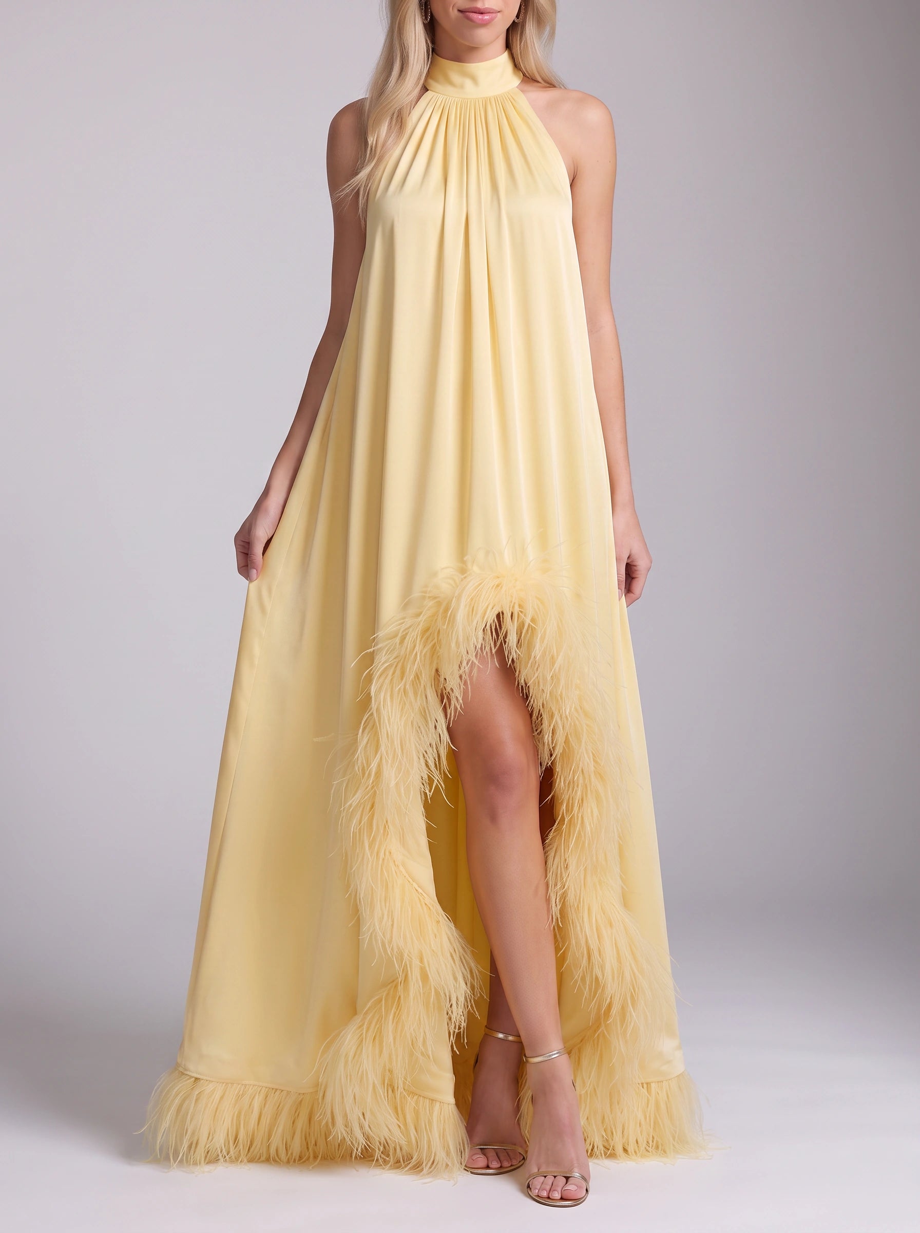 Piuma Feather-Trim Halter Maxi Dress – Yellow Halter Neck Dress Women Evening Formal Wedding Guest Maxi Dress