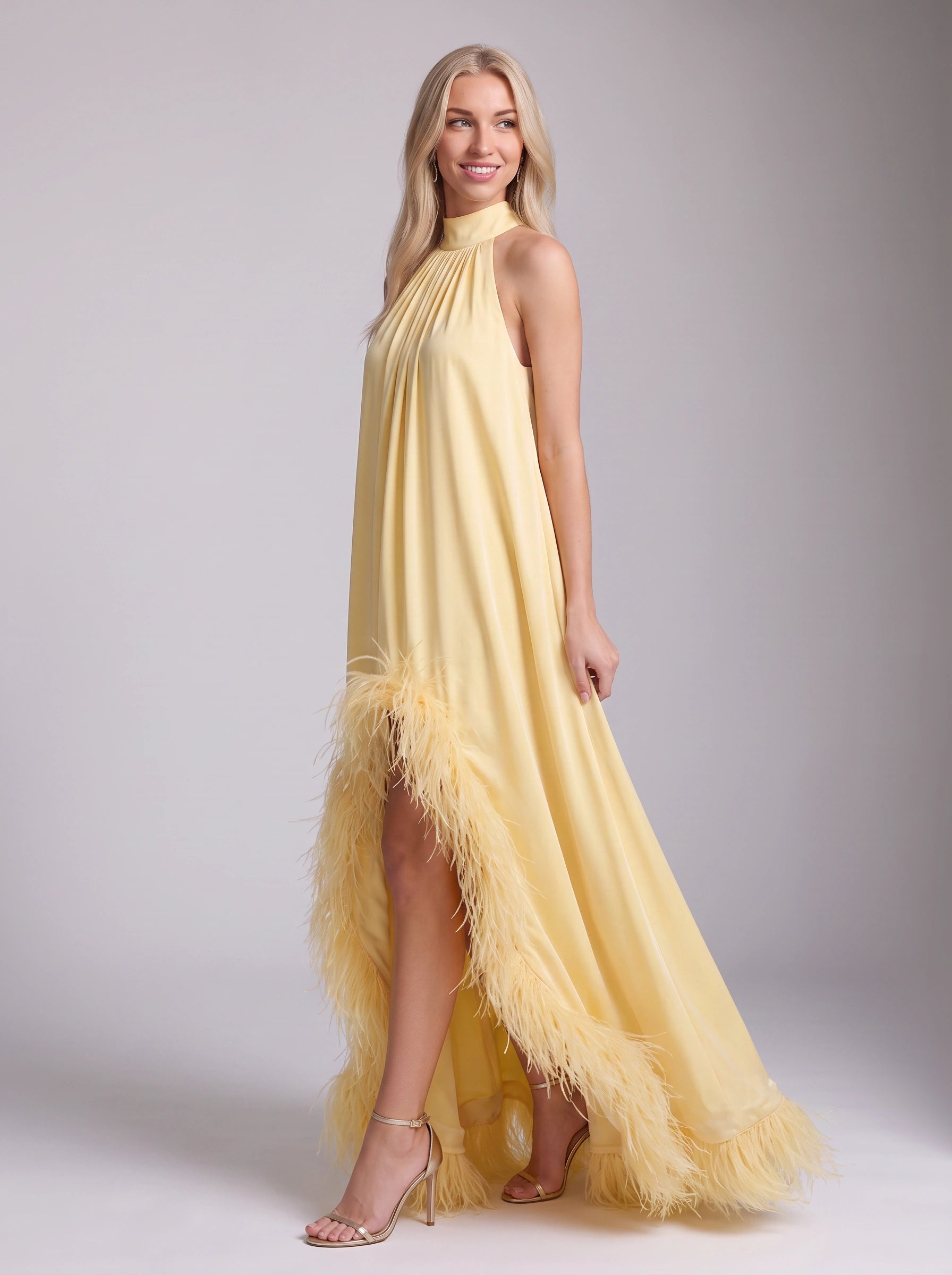 Piuma Feather-Trim Halter Maxi Dress – Yellow Halter Neck Dress Women Evening Formal Wedding Guest Maxi Dress
