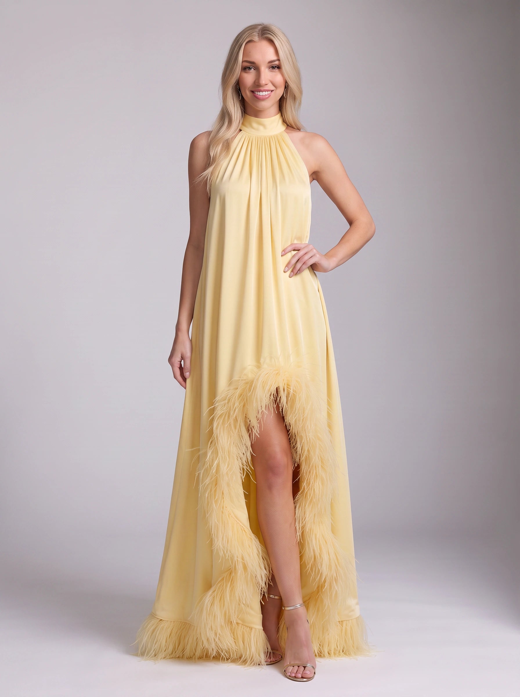 Piuma Feather-Trim Halter Maxi Dress – Yellow Halter Neck Dress Women Evening Formal Wedding Guest Maxi Dress