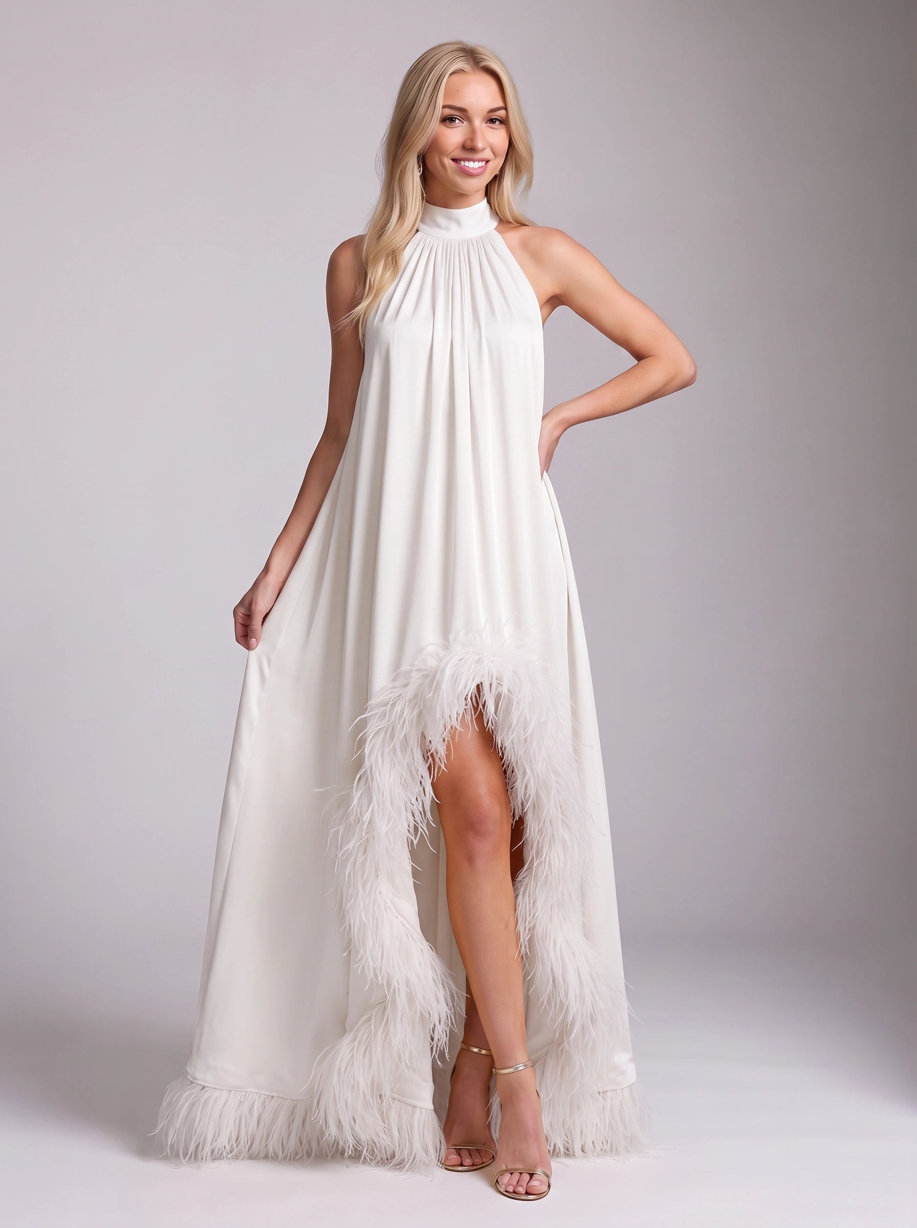 Piuma Feather-Trim Halter Maxi Dress – Yellow Halter Neck Dress Women Evening Formal Wedding Guest Maxi Dress