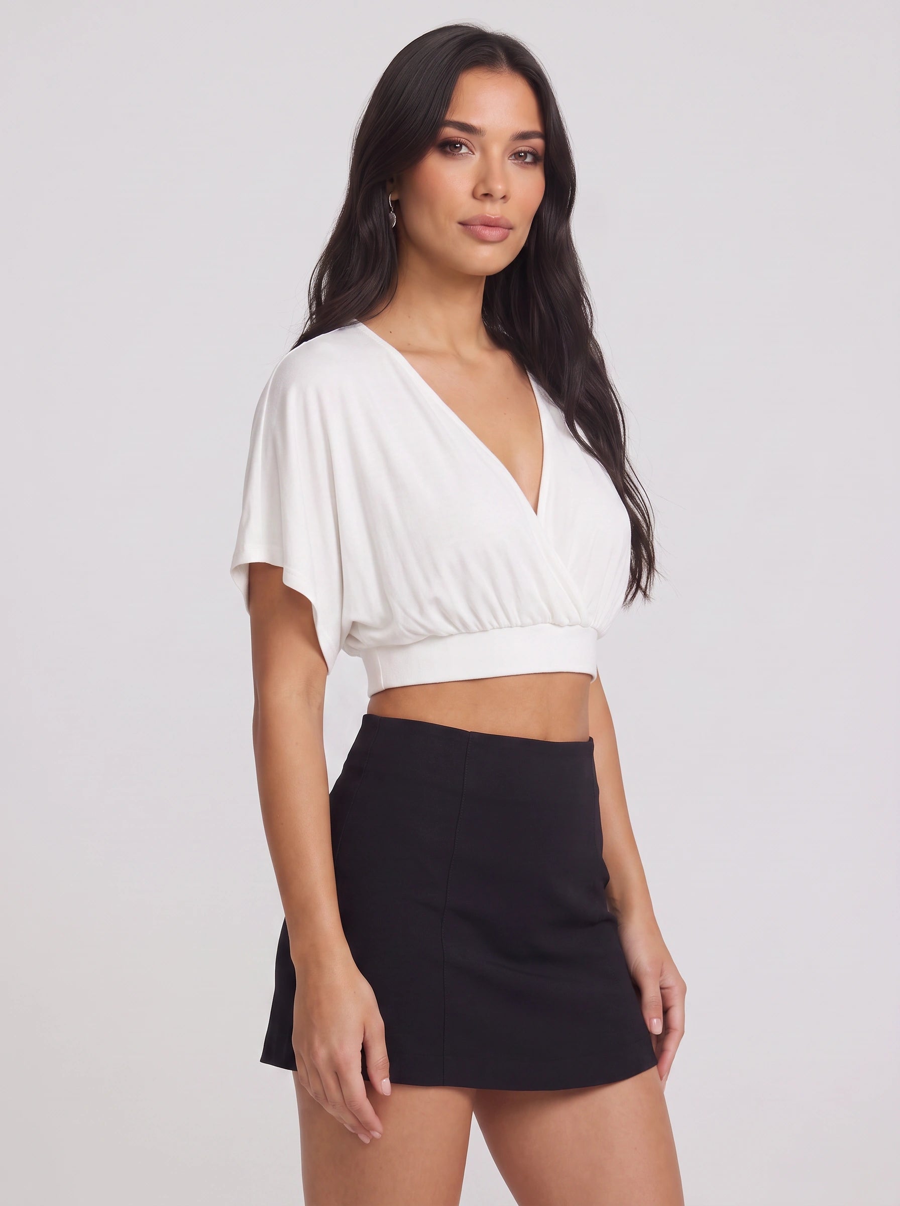 Candela Wrap Crop Top – Plunge Neck Dolman Sleeve Women Blouse Summer Cute Casual Wrapped Crop Top