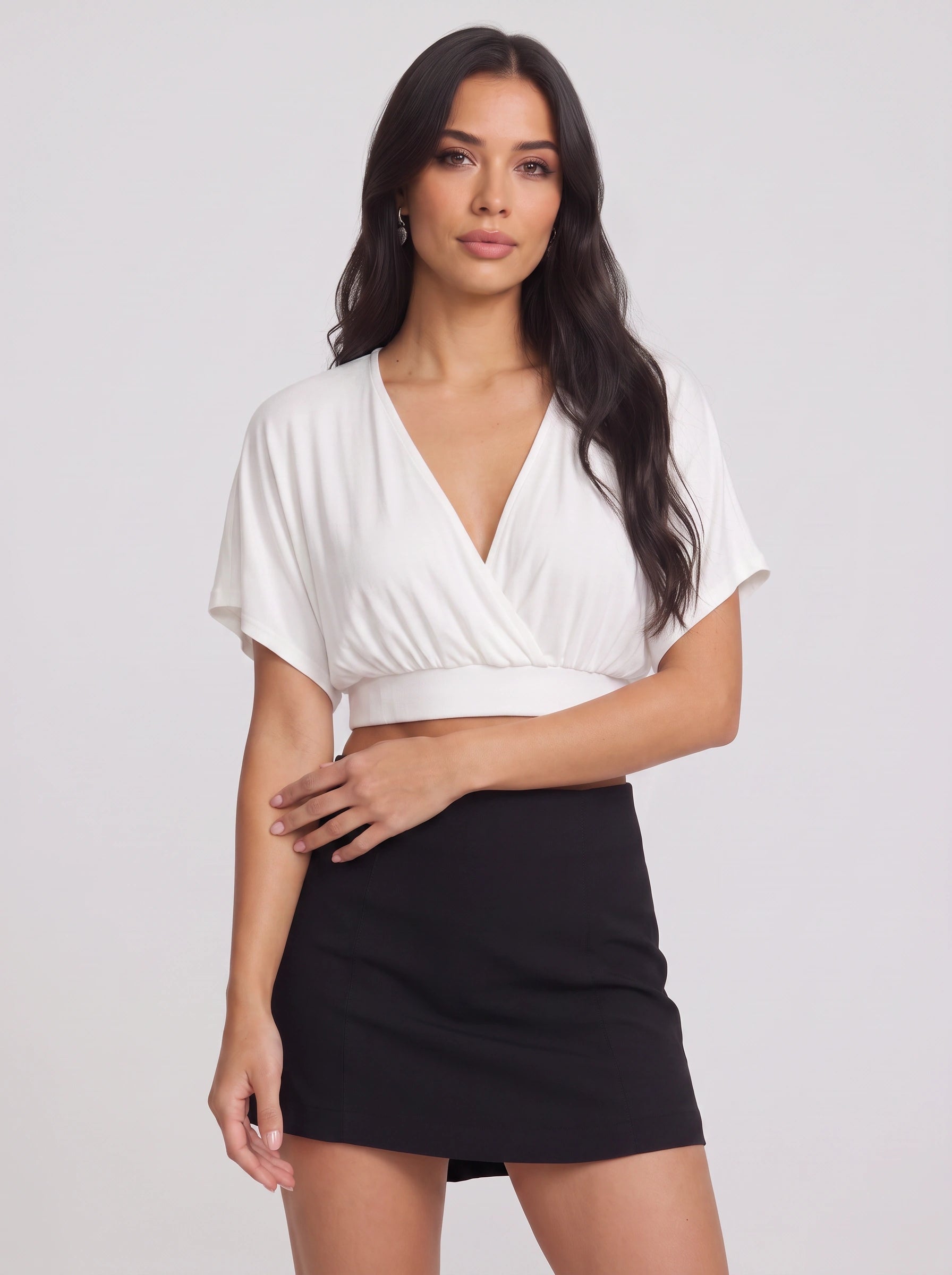 Candela Wrap Crop Top – Plunge Neck Dolman Sleeve Women Blouse Summer Cute Casual Wrapped Crop Top