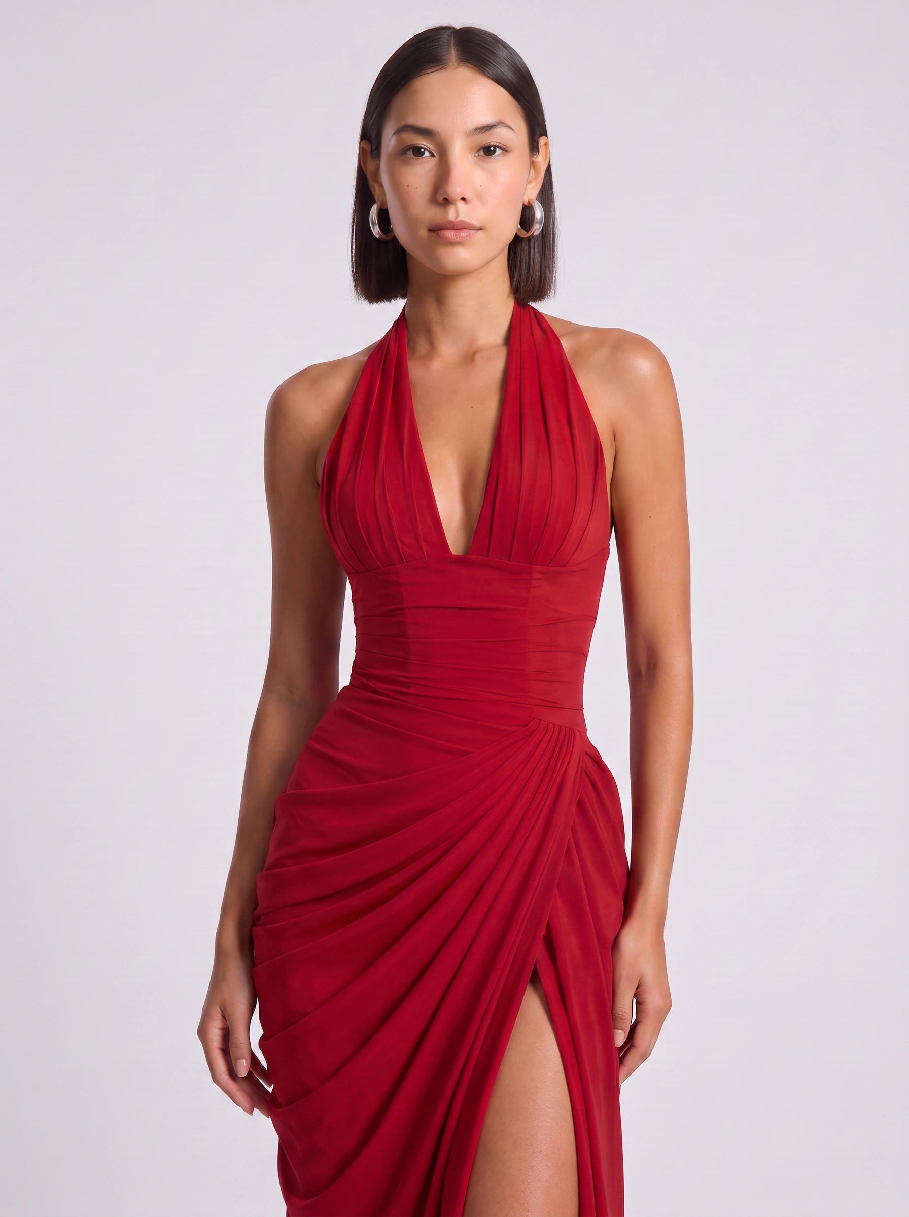 Drapesce Halter Maxi Dress – Ruched Plunge Neck High Slit Women Formal Wedding Guest Cocktail Evening Maxi Dress