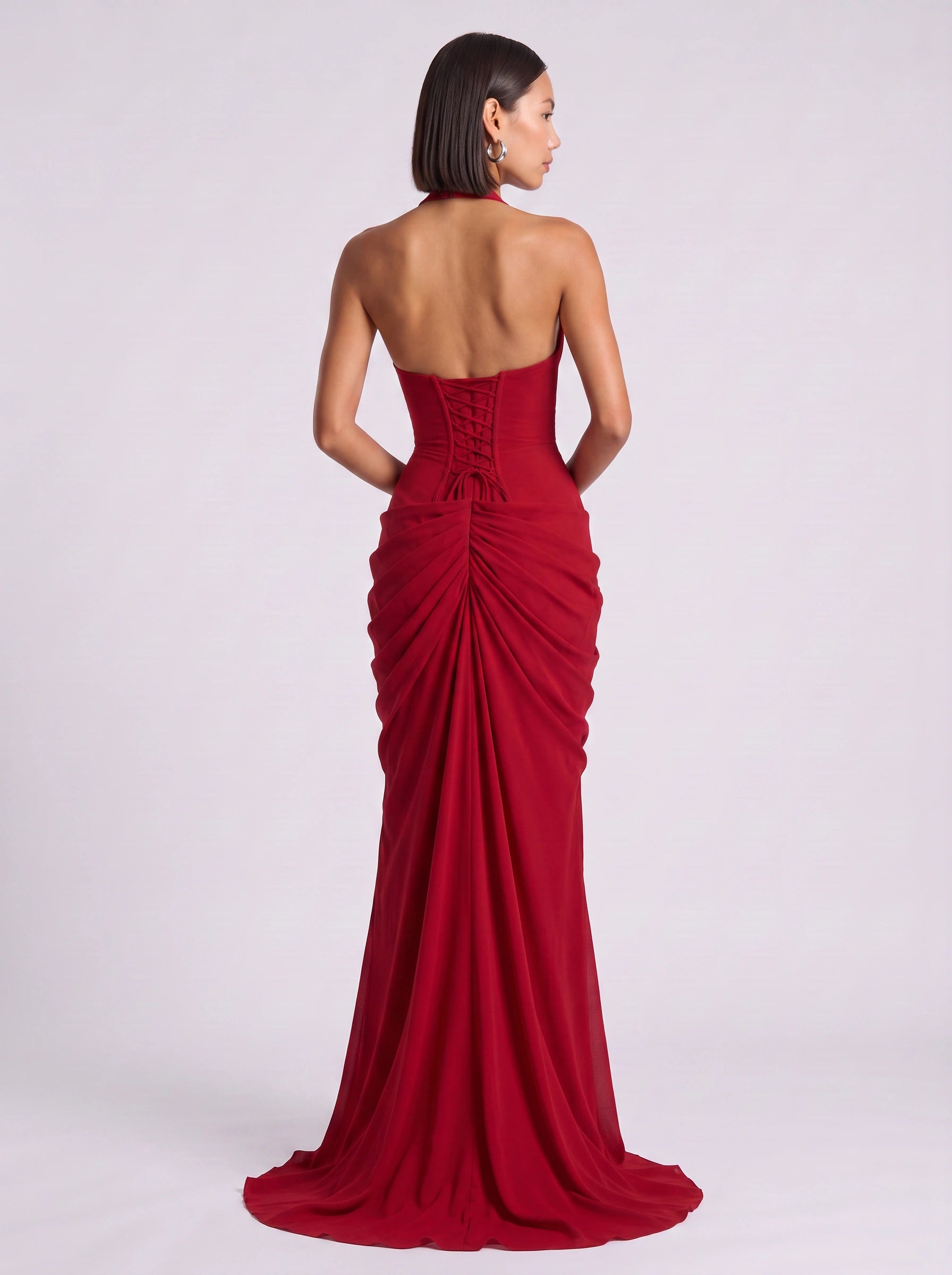 Drapesce Halter Maxi Dress – Ruched Plunge Neck High Slit Women Formal Wedding Guest Cocktail Evening Maxi Dress
