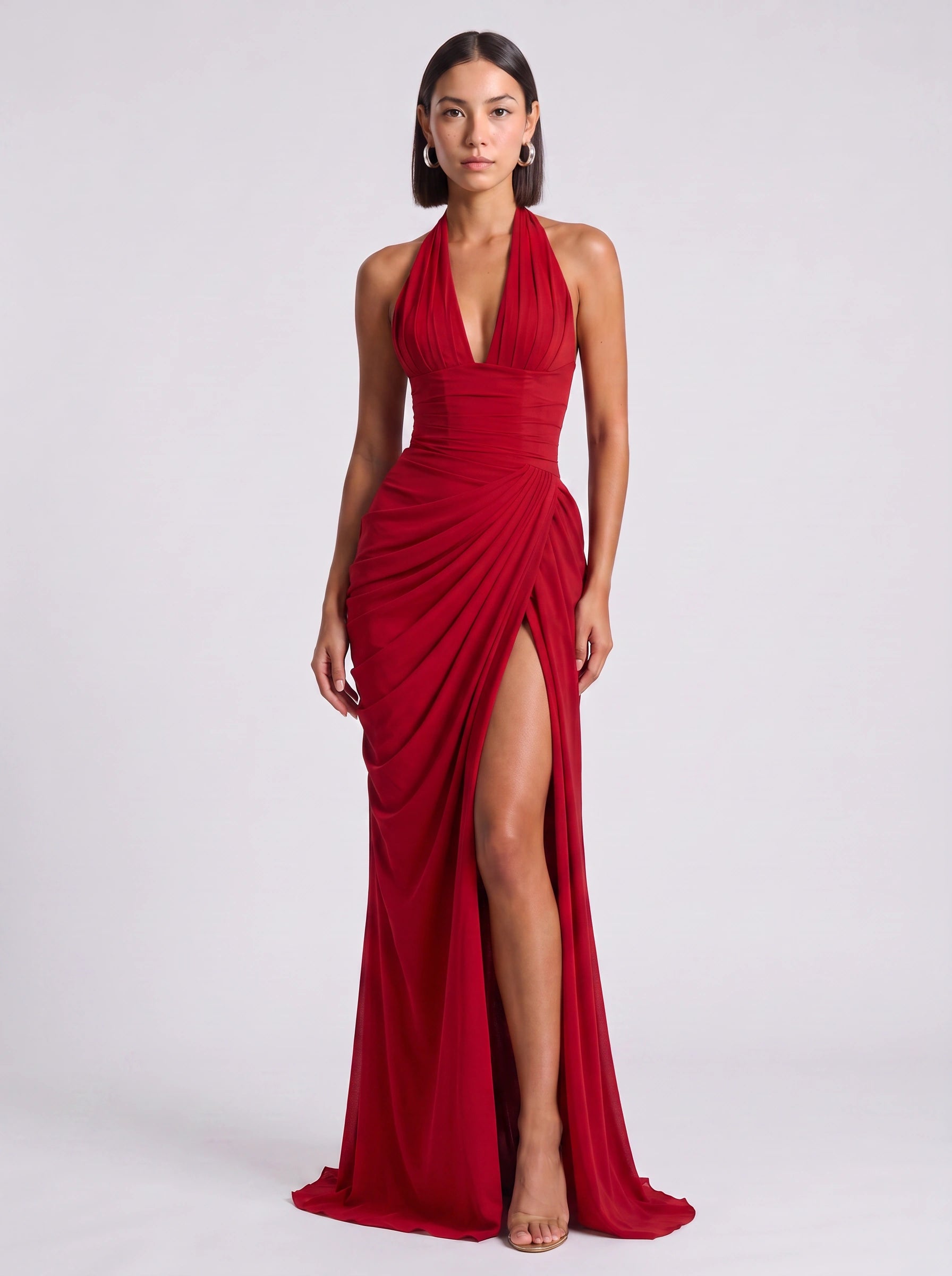 Drapesce Halter Maxi Dress – Ruched Plunge Neck High Slit Women Formal Wedding Guest Cocktail Evening Maxi Dress
