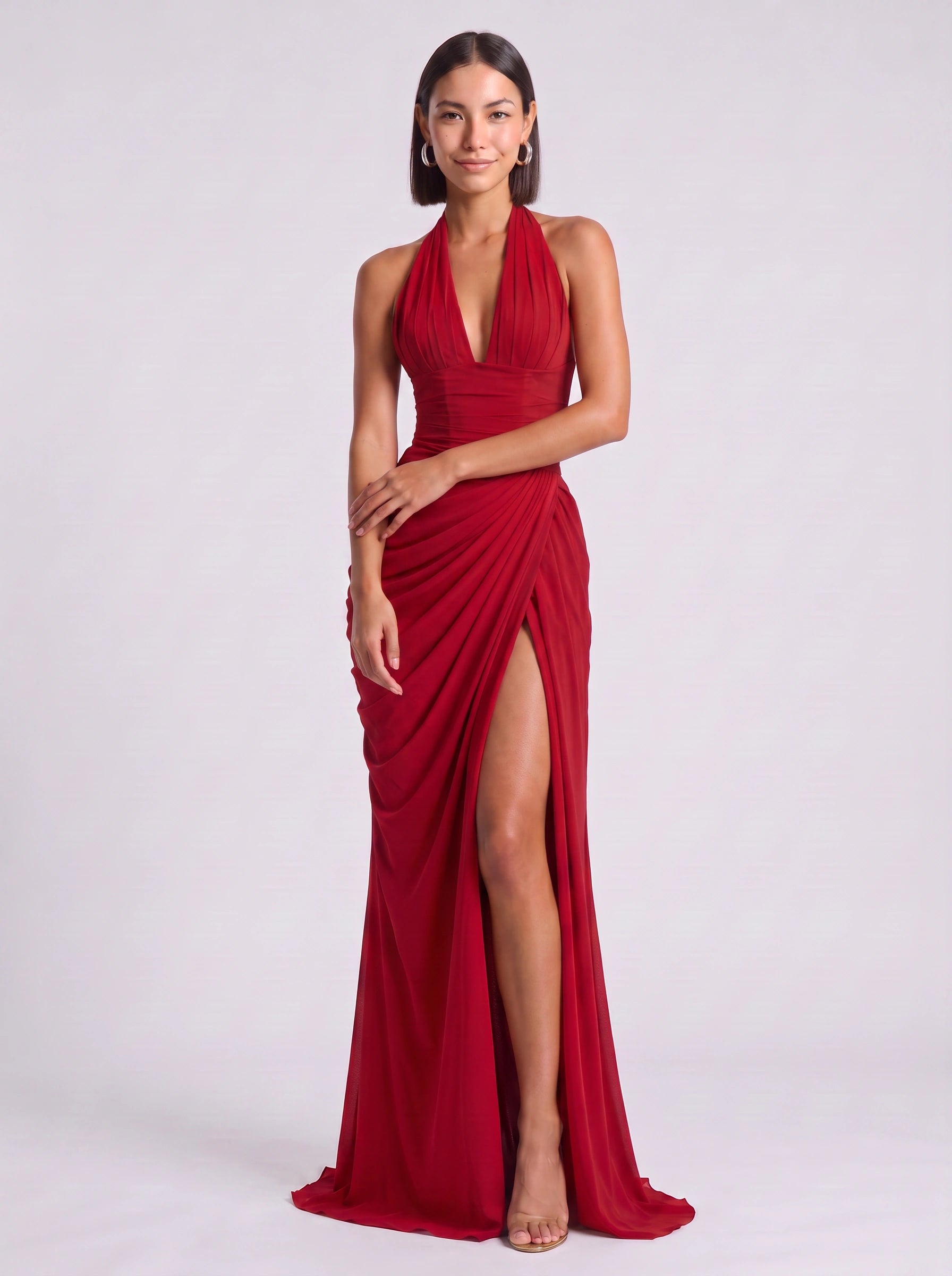 Drapesce Halter Maxi Dress – Ruched Plunge Neck High Slit Women Formal Wedding Guest Cocktail Evening Maxi Dress