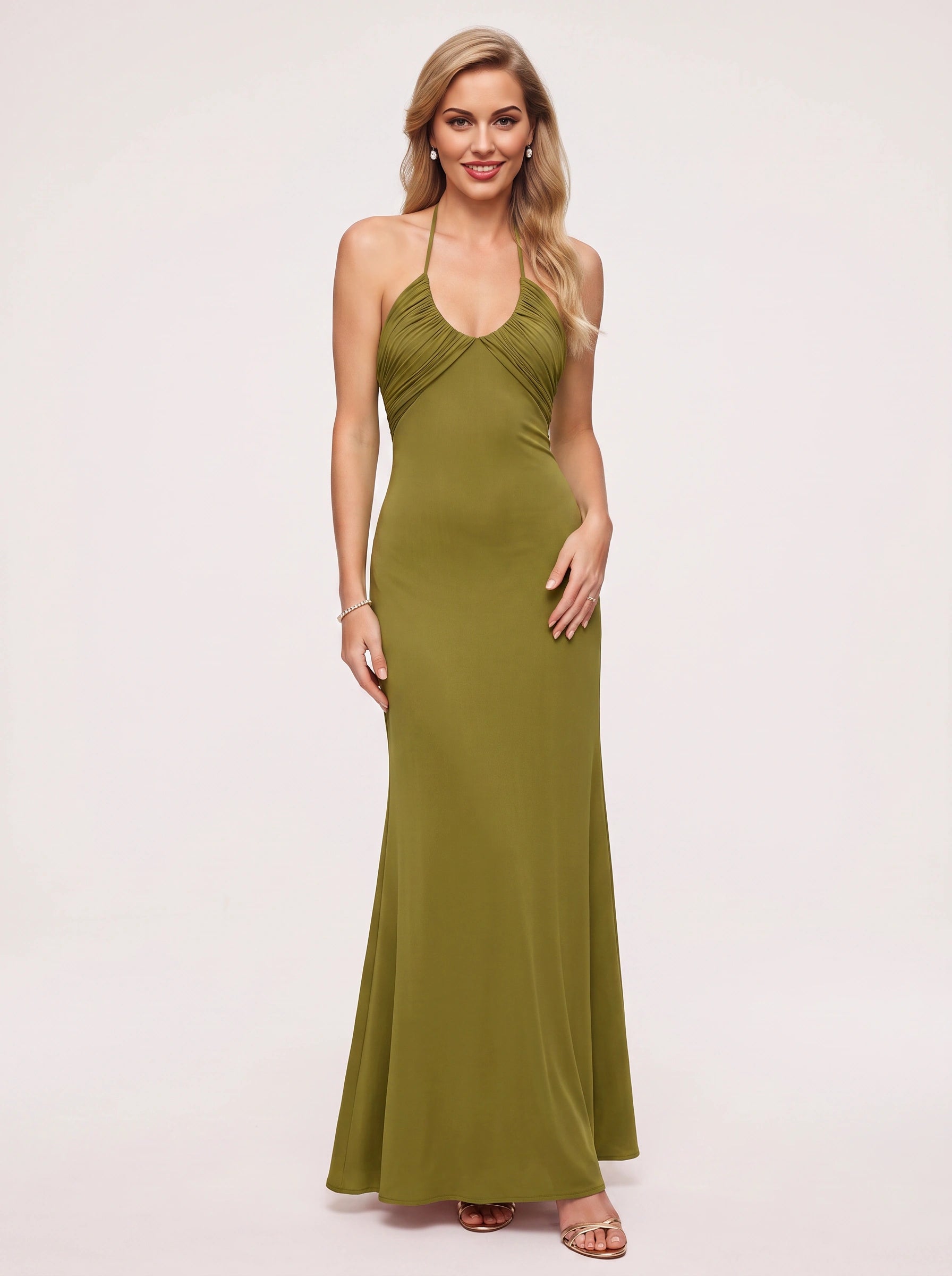 Drapesce Halter Ruched Maxi Dress – Women Formal Wedding Guest Bodycon Evening Party Beach Vacation Maxi Dress