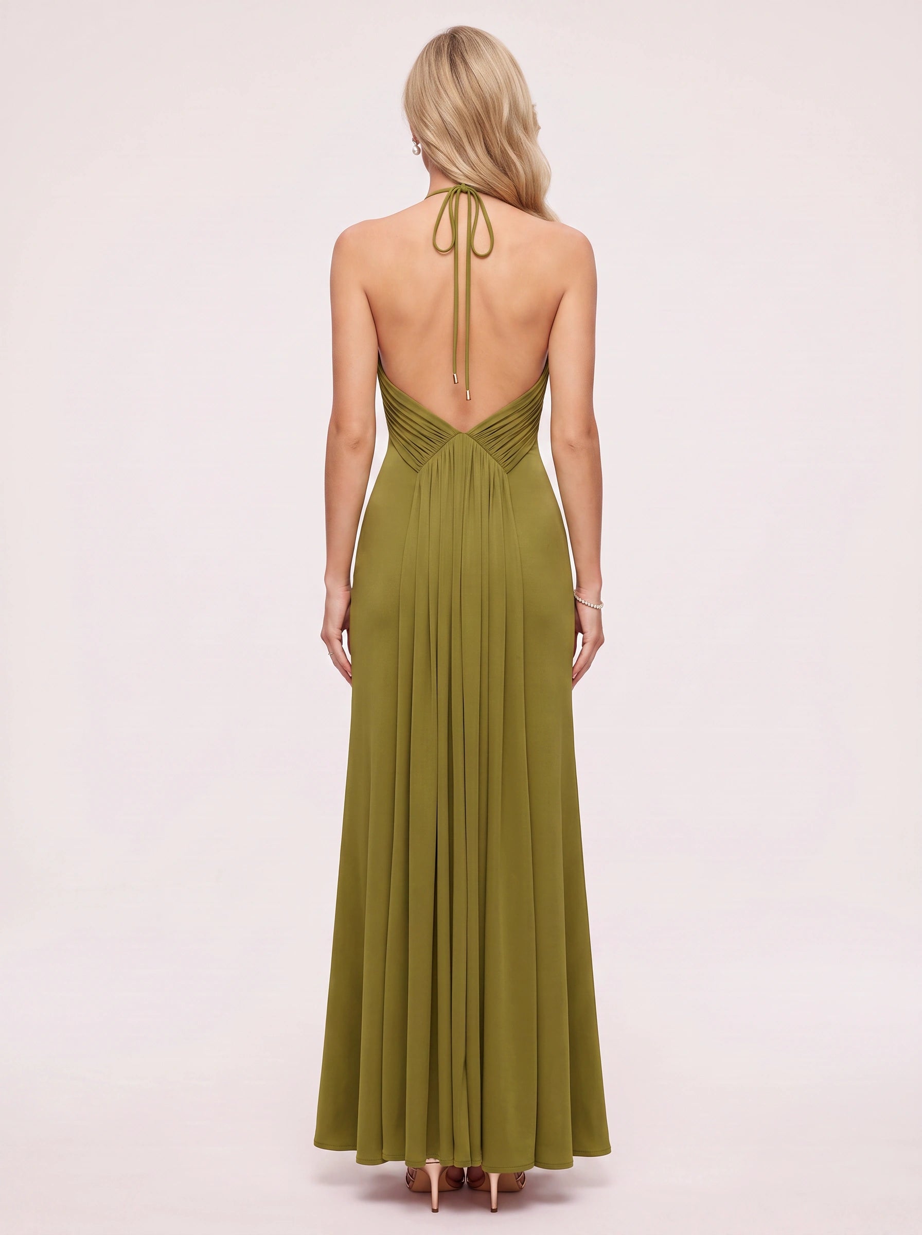 Drapesce Halter Ruched Maxi Dress – Women Formal Wedding Guest Bodycon Evening Party Beach Vacation Maxi Dress