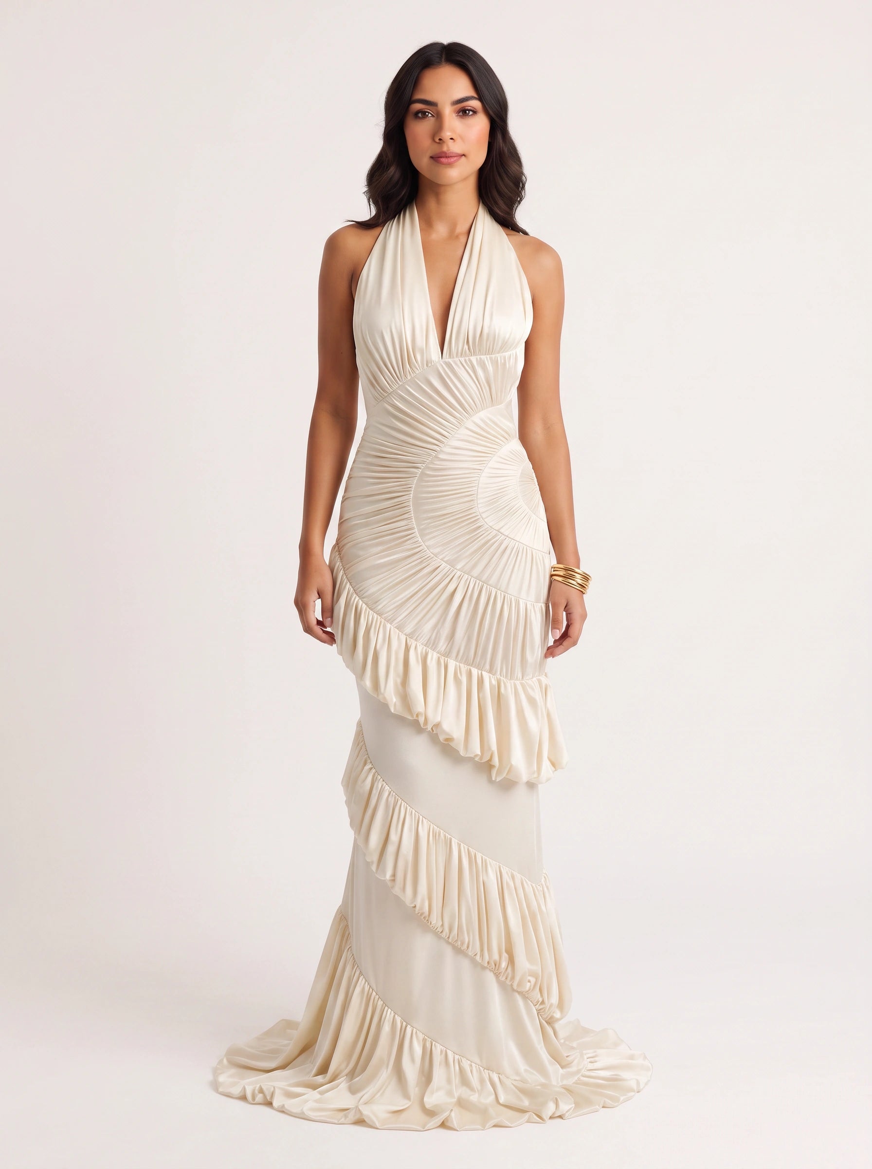 Pieghia Ruched Halter Maxi Dress – Wedding Guest Formal Evening Women Draped Gala Maxi Dress