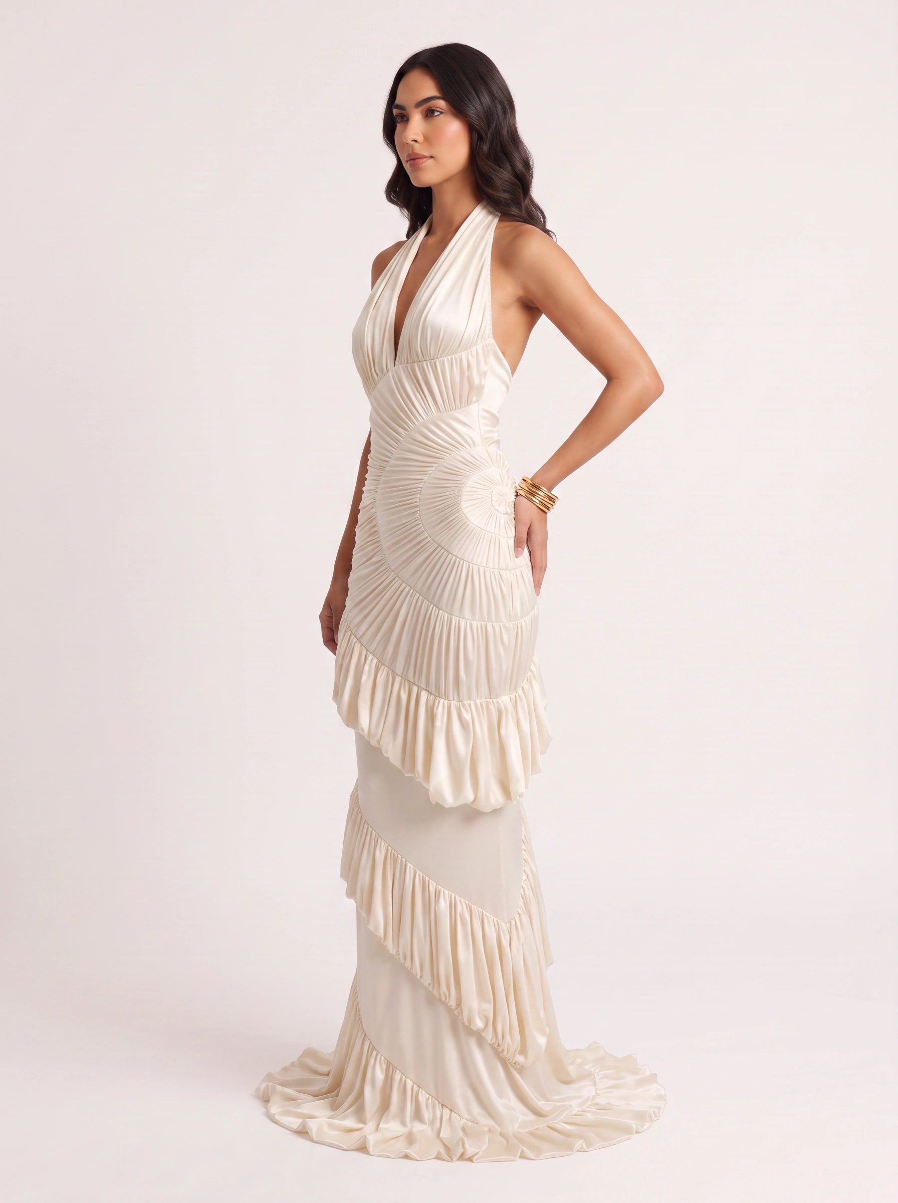 Pieghia Ruched Halter Maxi Dress – Wedding Guest Formal Evening Women Draped Gala Maxi Dress