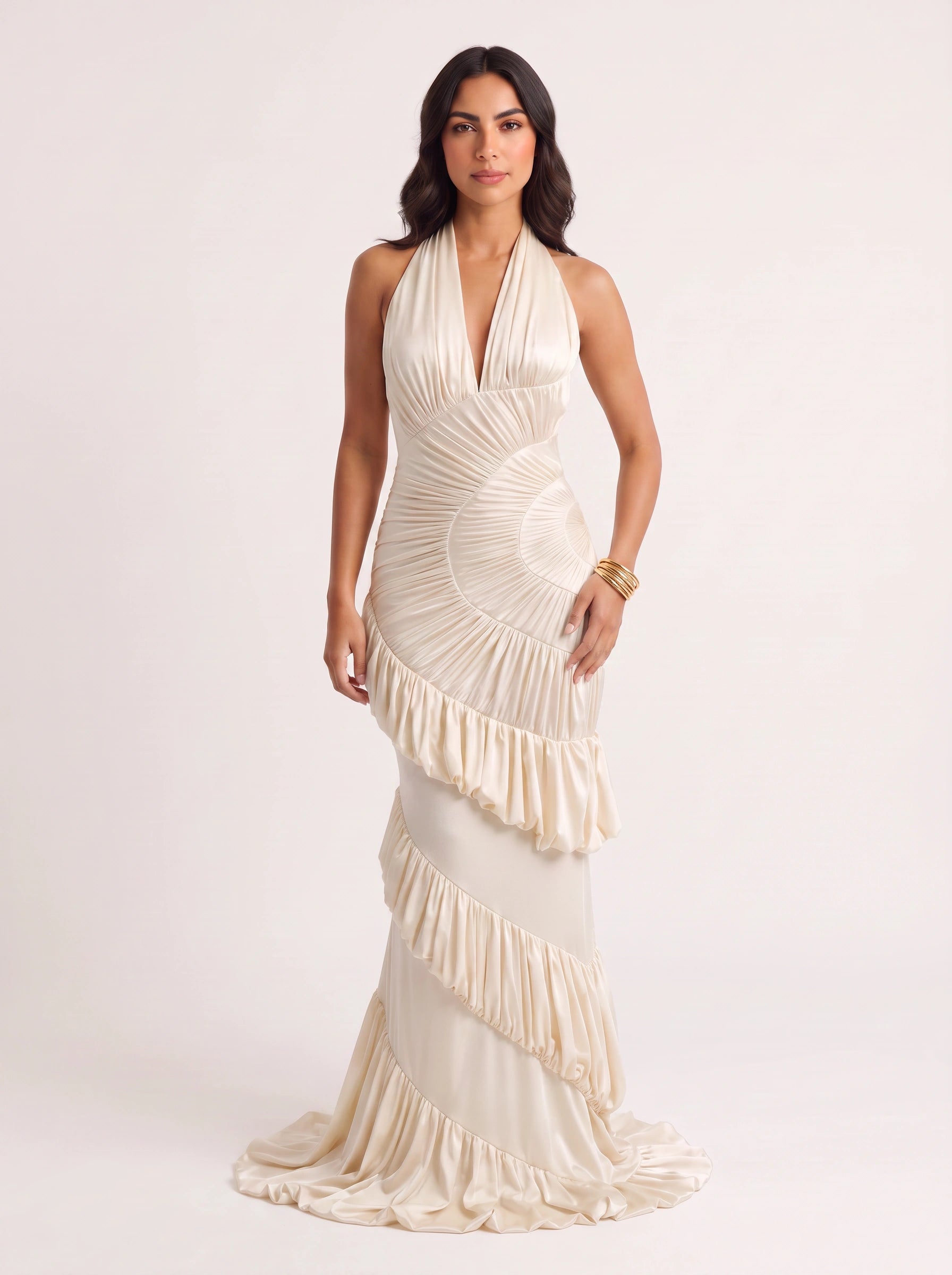 Pieghia Ruched Halter Maxi Dress – Wedding Guest Formal Evening Women Draped Gala Maxi Dress