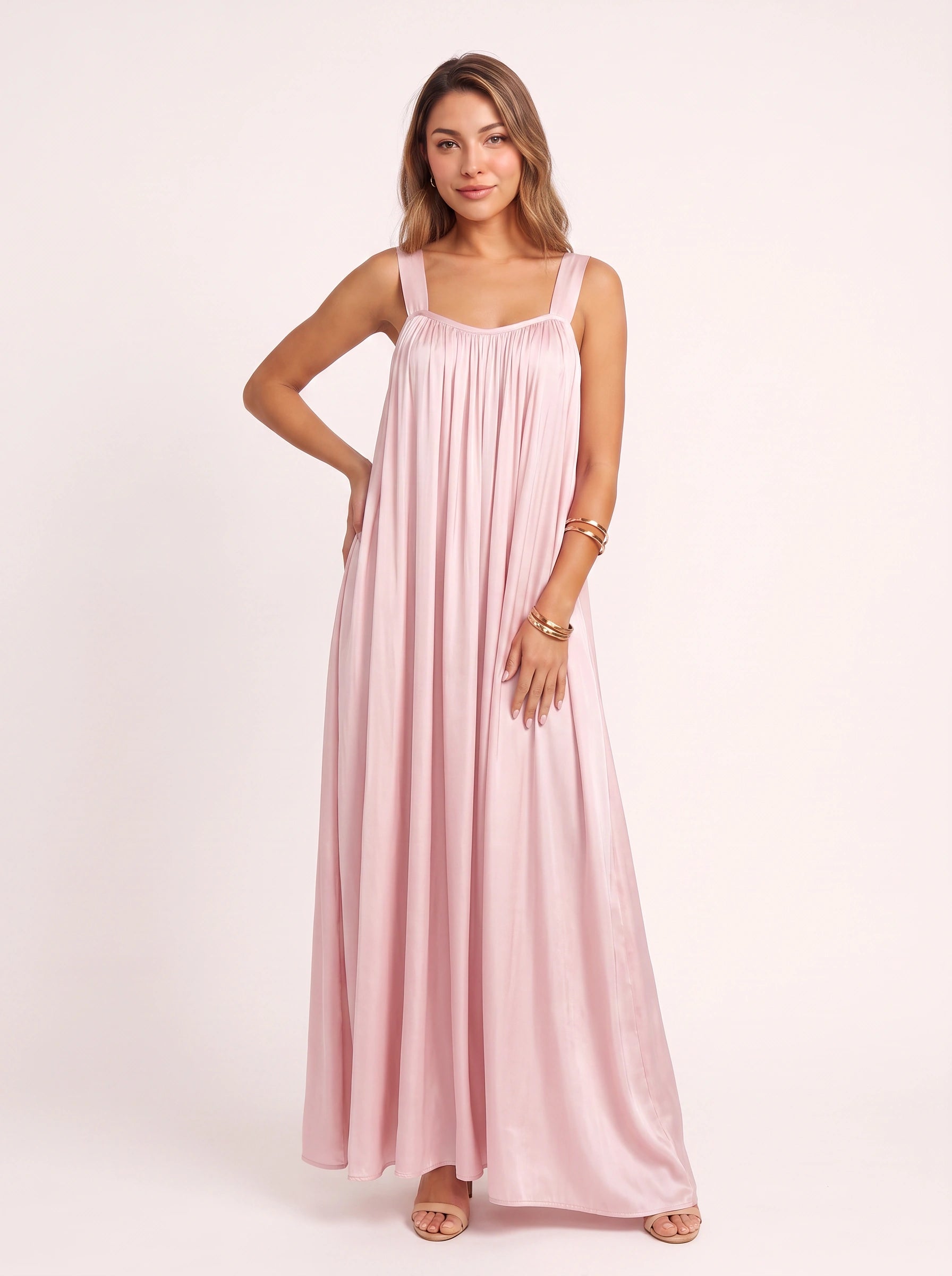 Pinora Gathered Empire Maxi Dress – Sleeveless Women Summer Wedding Guest Flowy Beach Vacation Maxi Dress