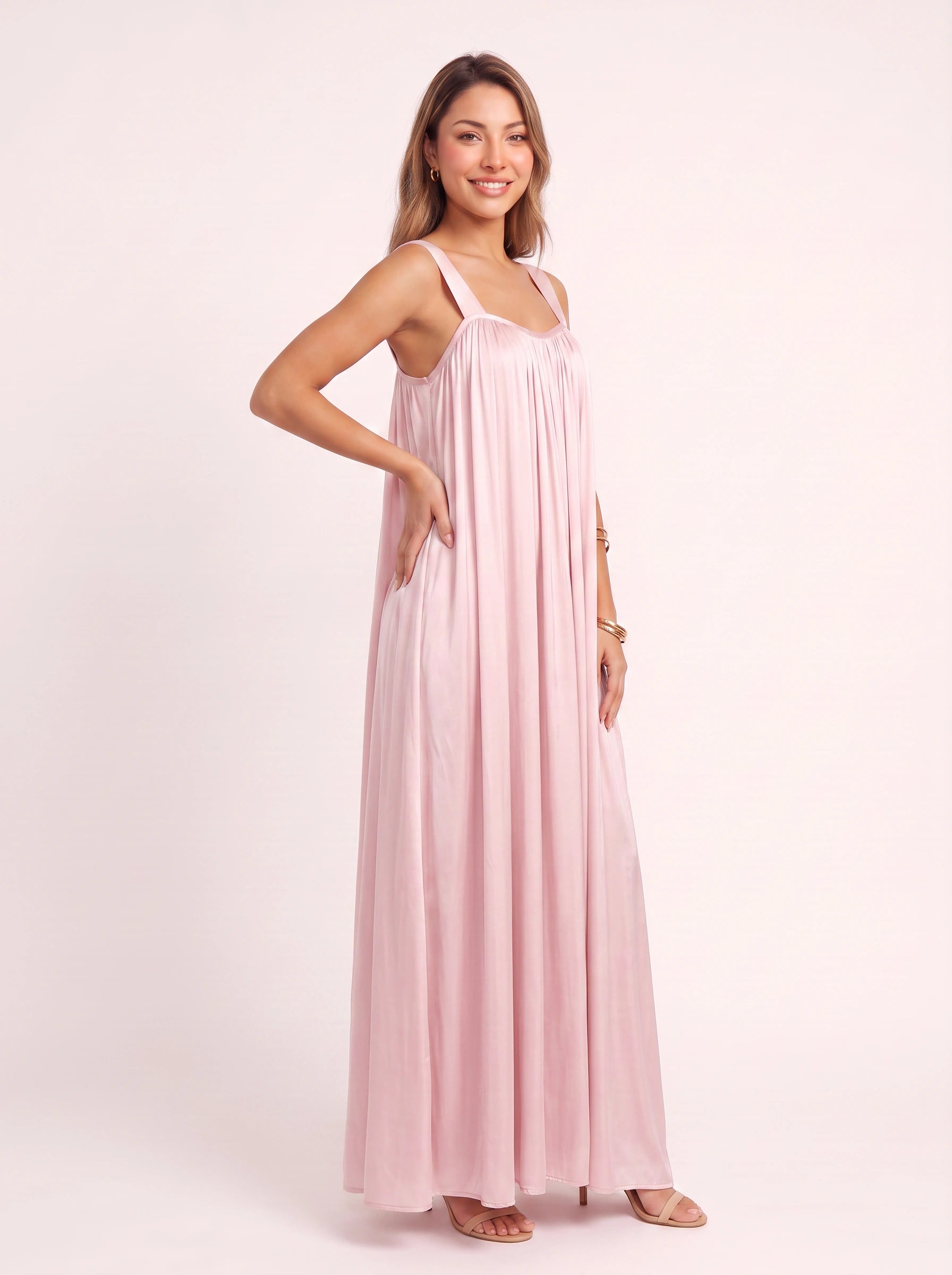 Pinora Gathered Empire Maxi Dress – Sleeveless Women Summer Wedding Guest Flowy Beach Vacation Maxi Dress
