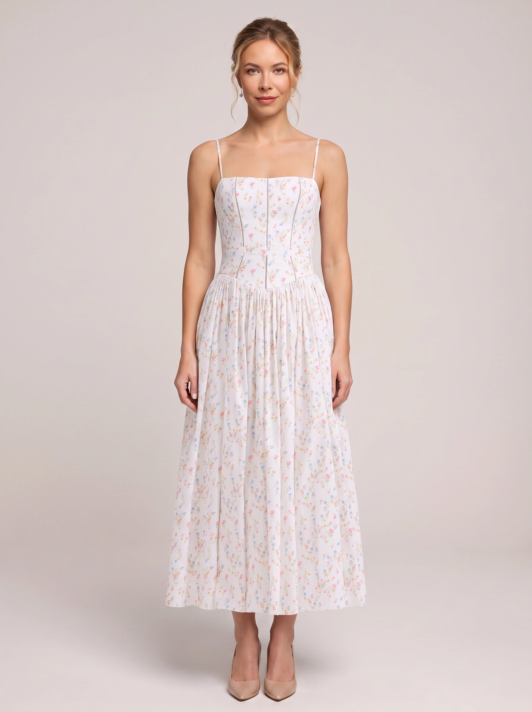 Fioretti Smocked Corset Midi Dress – Floral Midi Dress Women Summer Wedding Guest Garden Party Sundress