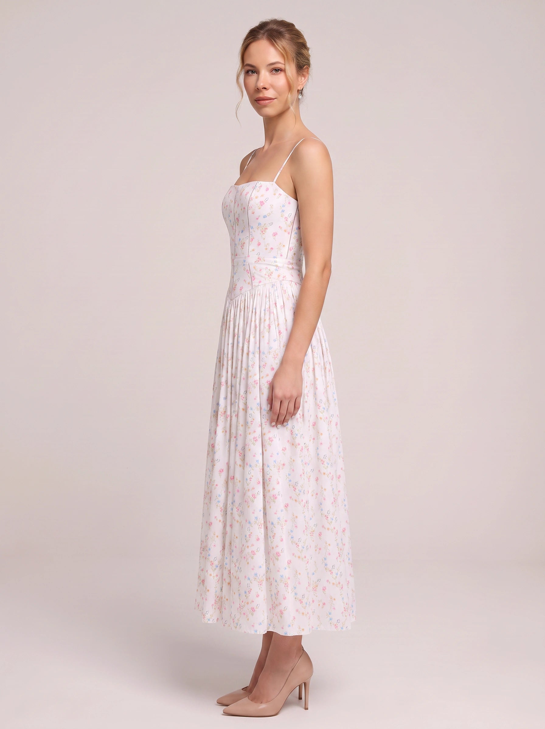 Fioretti Smocked Corset Midi Dress – Floral Midi Dress Women Summer Wedding Guest Garden Party Sundress