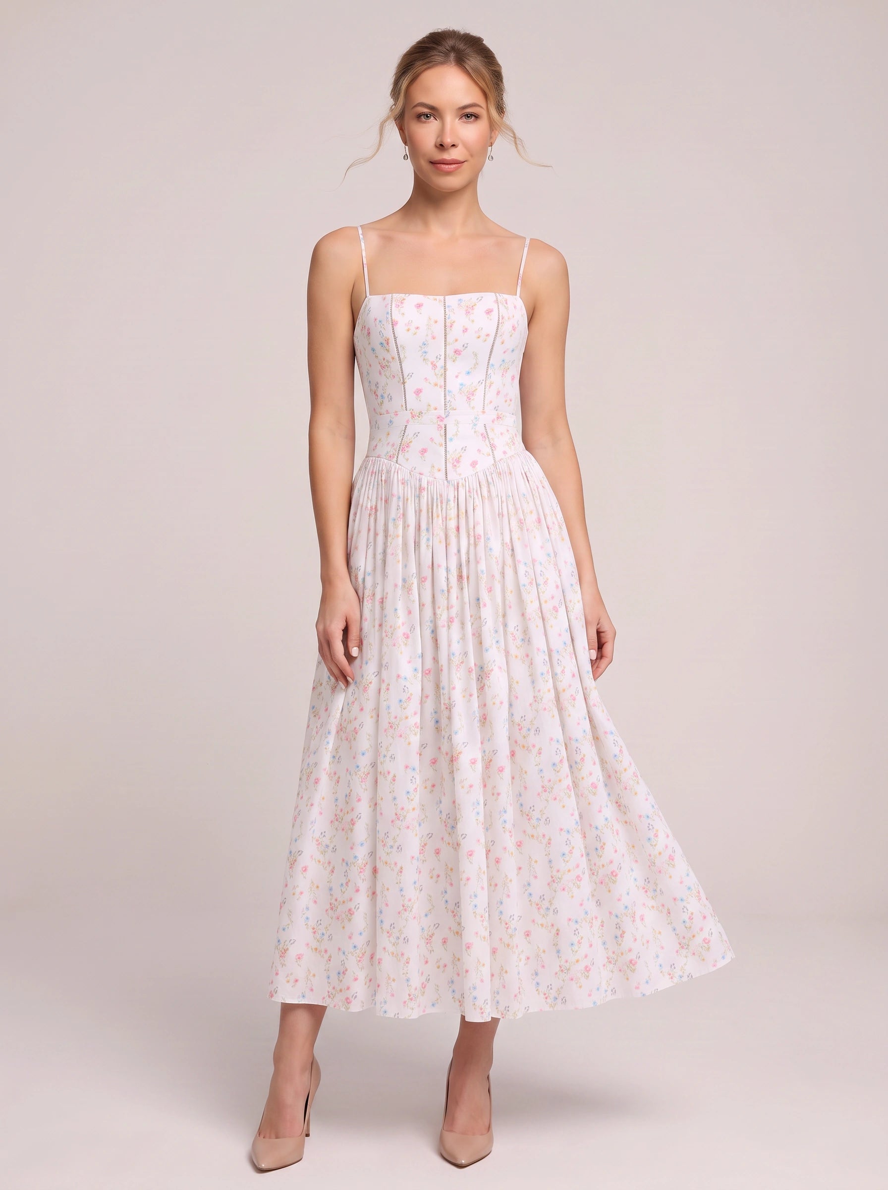 Fioretti Smocked Corset Midi Dress – Floral Midi Dress Women Summer Wedding Guest Garden Party Sundress