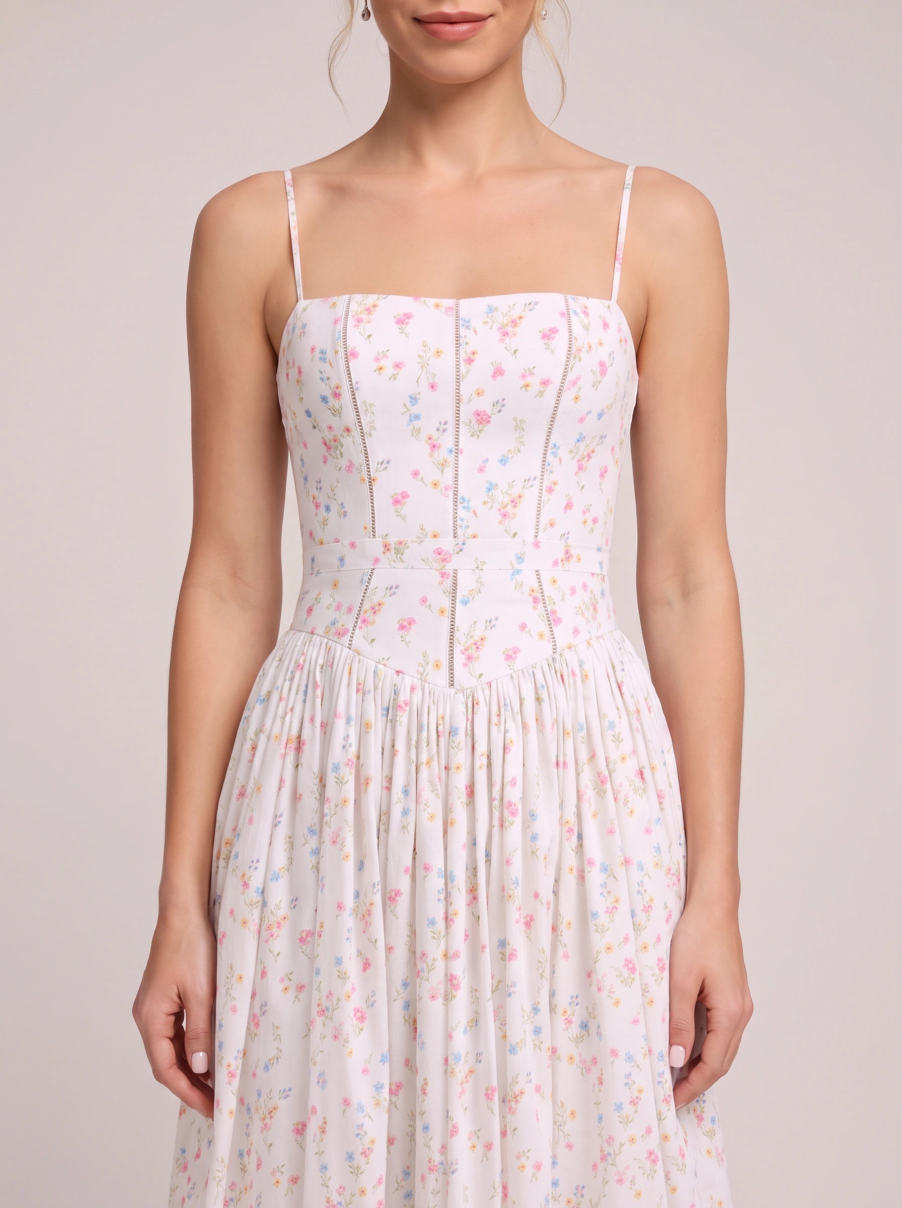 Fioretti Smocked Corset Midi Dress – Floral Midi Dress Women Summer Wedding Guest Garden Party Sundress