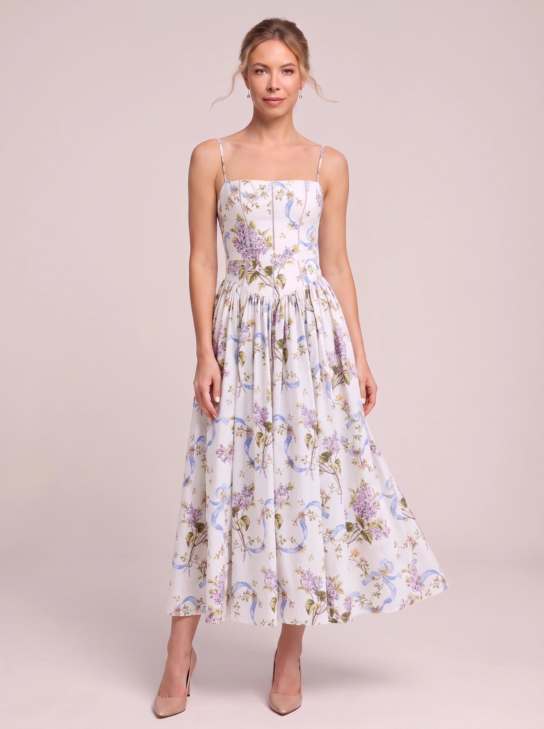 Fioretti Smocked Corset Midi Dress – Floral Midi Dress Women Summer Wedding Guest Garden Party Sundress