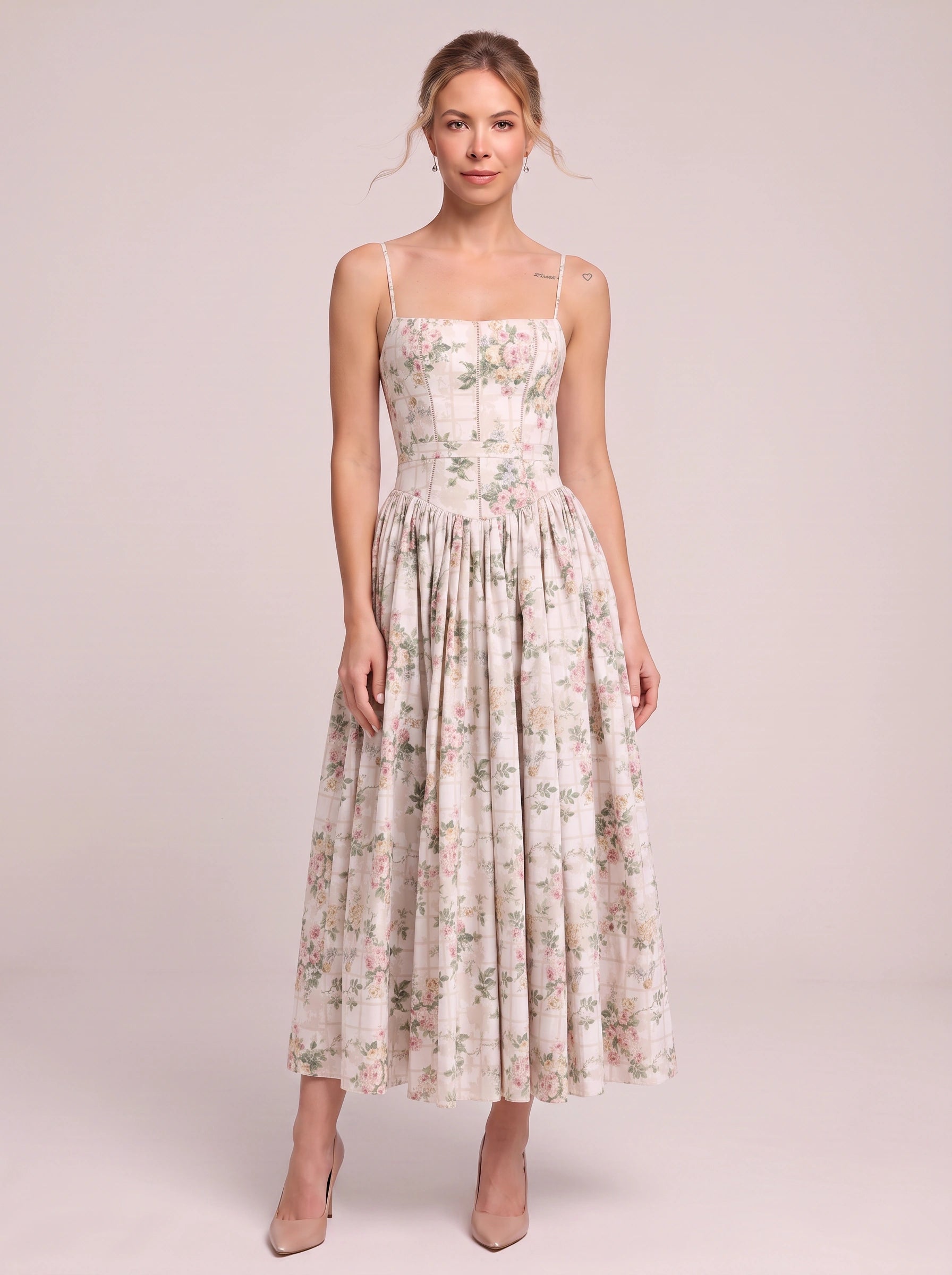 Fioretti Smocked Corset Midi Dress – Floral Midi Dress Women Summer Wedding Guest Garden Party Sundress
