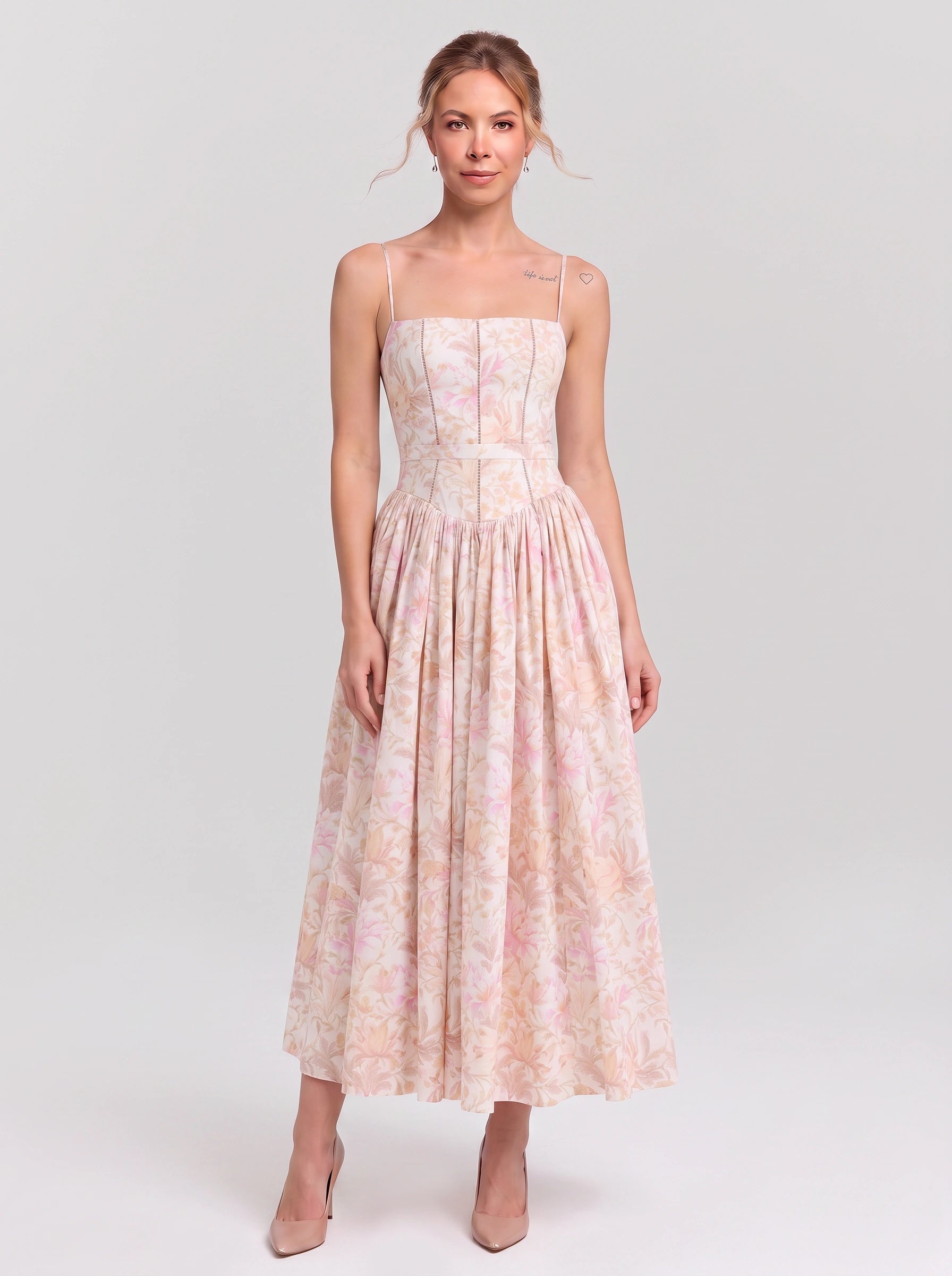 Fioretti Smocked Corset Midi Dress – Floral Midi Dress Women Summer Wedding Guest Garden Party Sundress