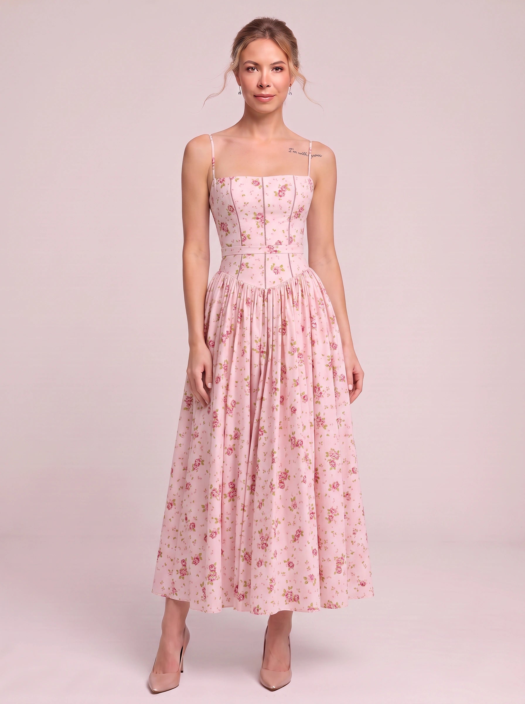 Fioretti Smocked Corset Midi Dress – Floral Midi Dress Women Summer Wedding Guest Garden Party Sundress