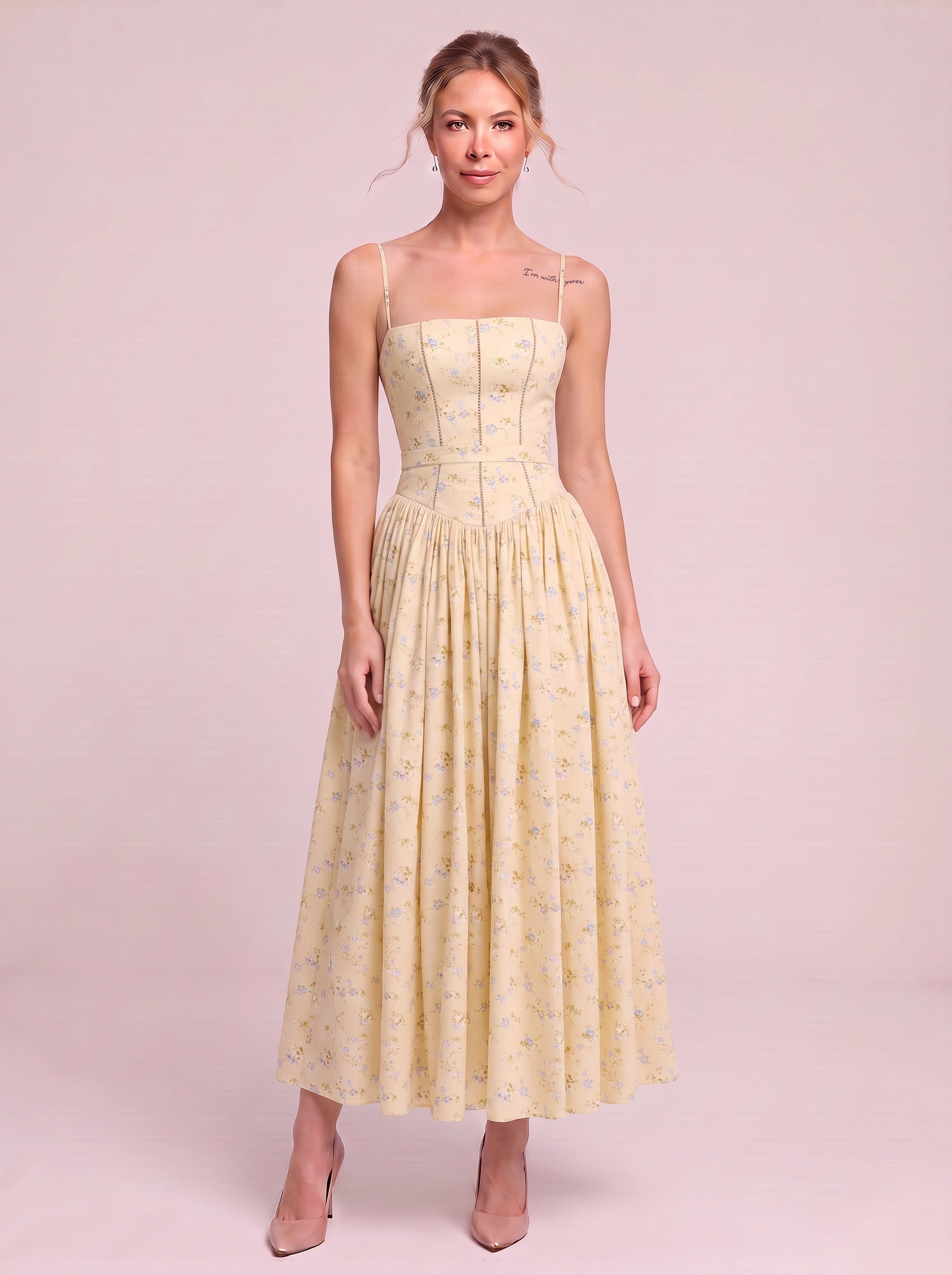 Fioretti Smocked Corset Midi Dress – Floral Midi Dress Women Summer Wedding Guest Garden Party Sundress