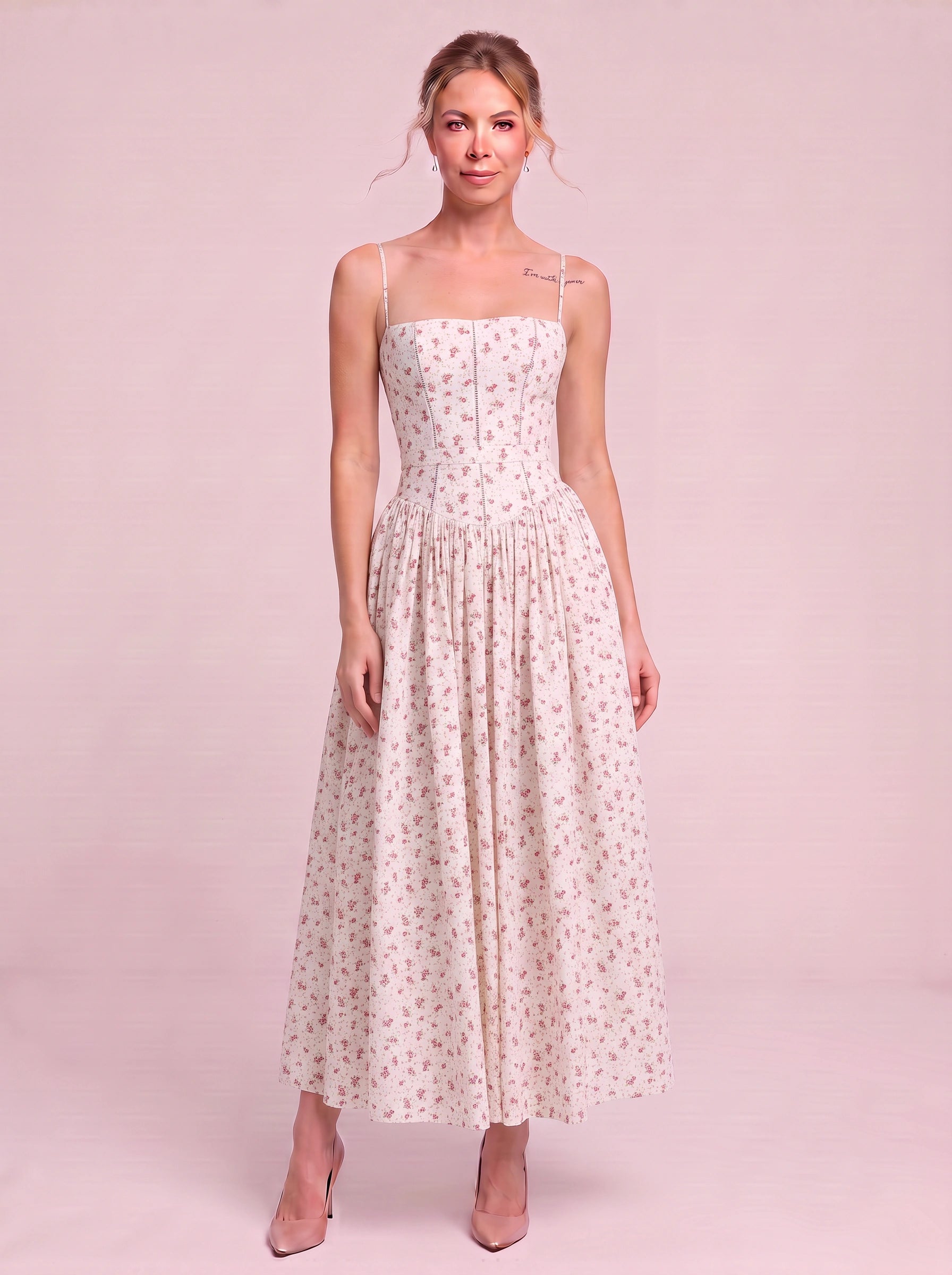Fioretti Smocked Corset Midi Dress – Floral Midi Dress Women Summer Wedding Guest Garden Party Sundress