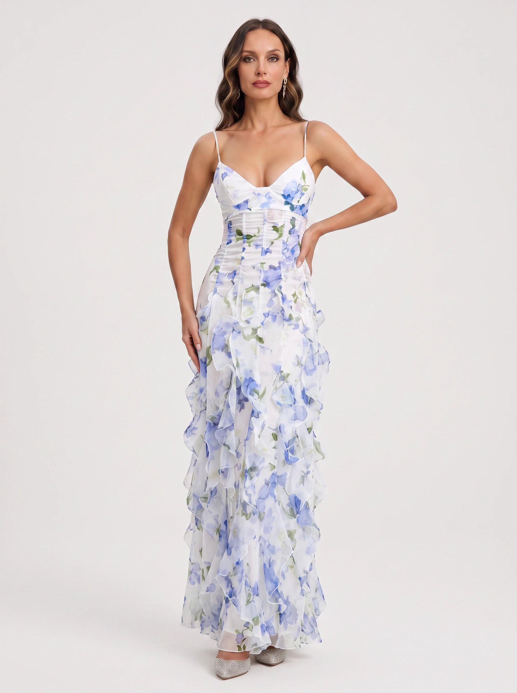 Petalique Floral Ruffled Maxi Dress – Formal Wedding Guest Women Sundress Cocktail Evening Maxi Dress