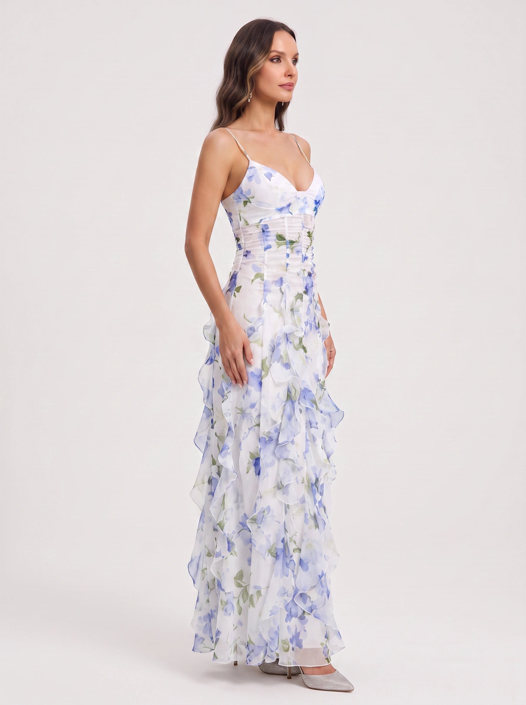 Petalique Floral Ruffled Maxi Dress – Formal Wedding Guest Women Sundress Cocktail Evening Maxi Dress