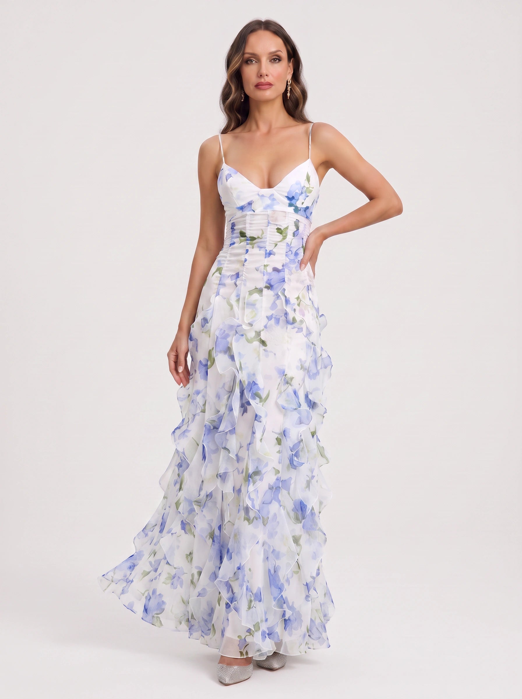 Petalique Floral Ruffled Maxi Dress – Formal Wedding Guest Women Sundress Cocktail Evening Maxi Dress