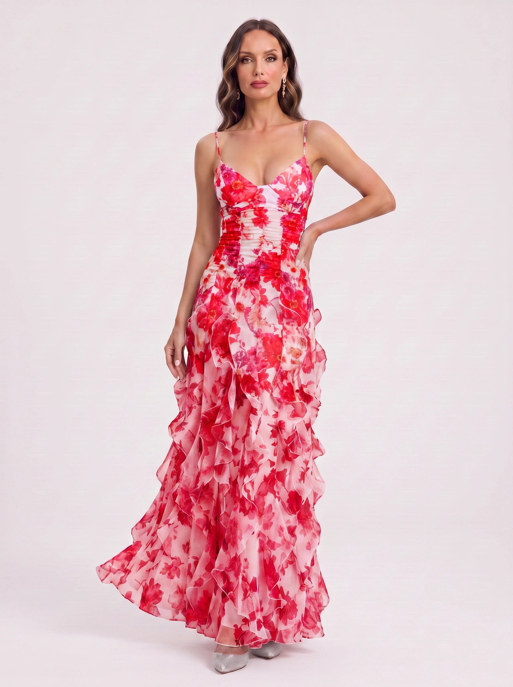 Petalique Floral Ruffled Maxi Dress – Formal Wedding Guest Women Sundress Cocktail Evening Maxi Dress