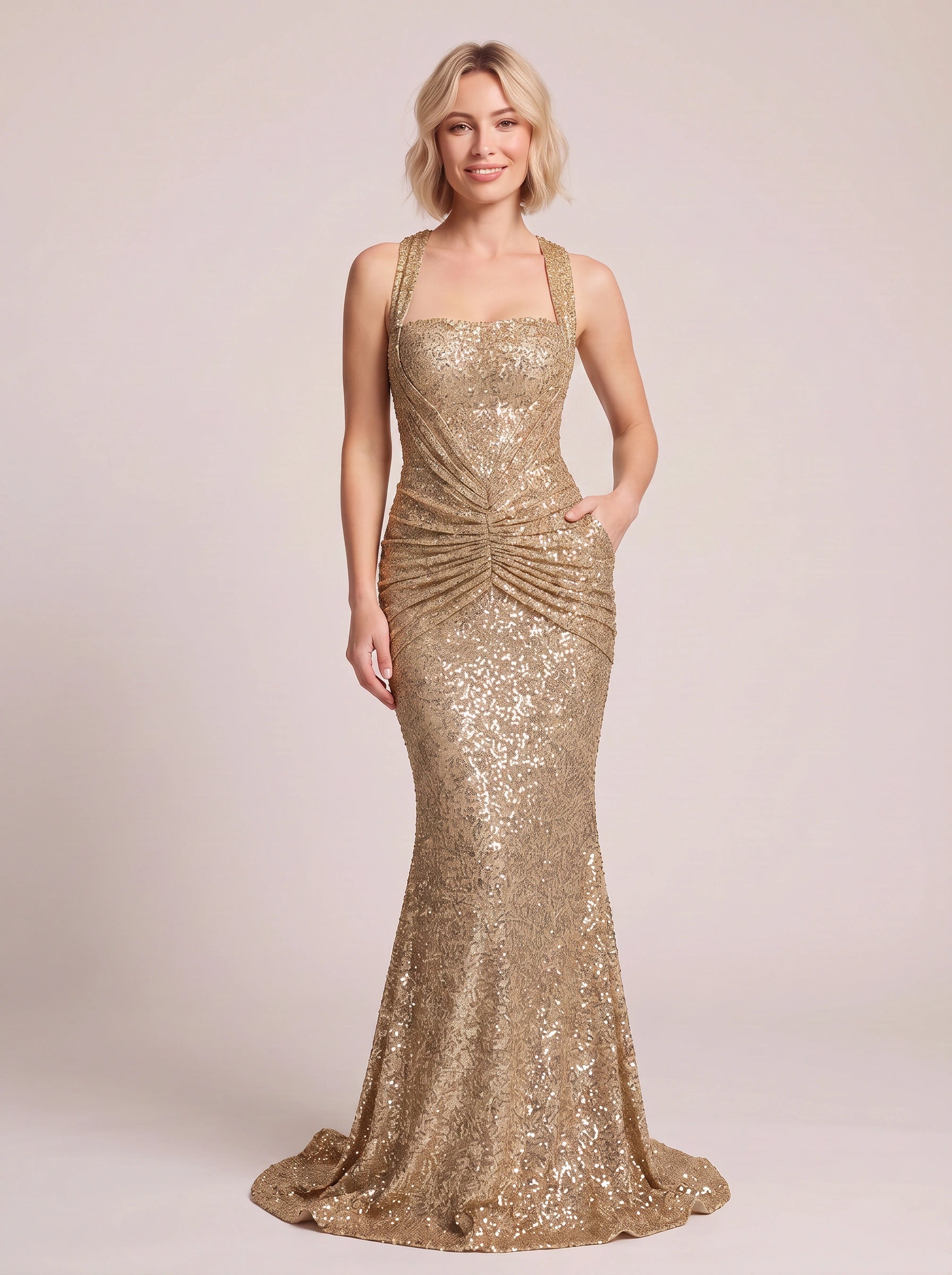 Lumiscale Sequin Halter Maxi Dress – Bodycon Women Formal Evening Party Wedding Guest Halter Neck Maxi Dress