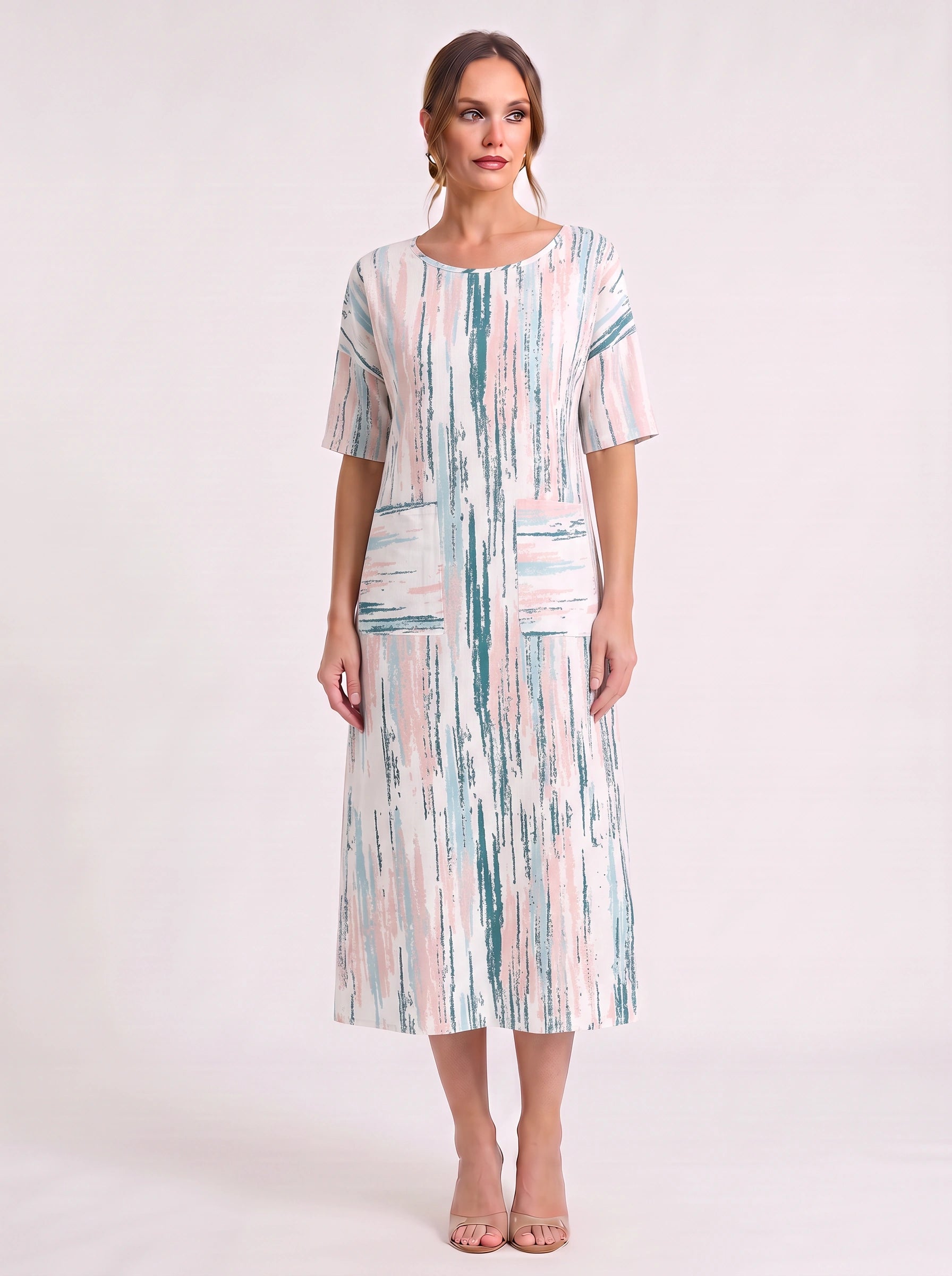 Linara Brushstroke Midi Sundress – Casual Dresses Women Beach Vacation Stripe Short Sleeve Midi Dress