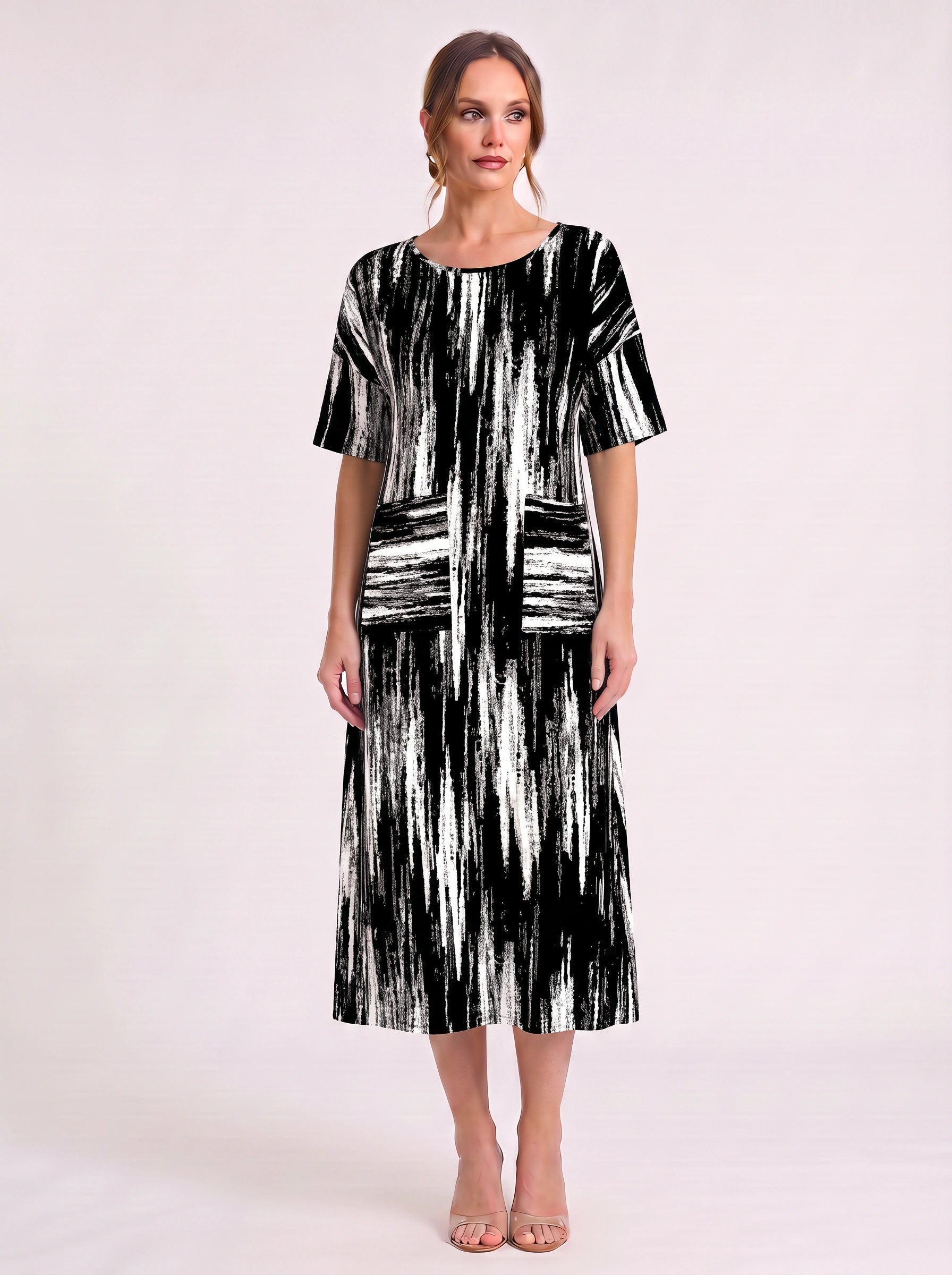 Linara Brushstroke Midi Sundress – Casual Dresses Women Beach Vacation Stripe Short Sleeve Midi Dress