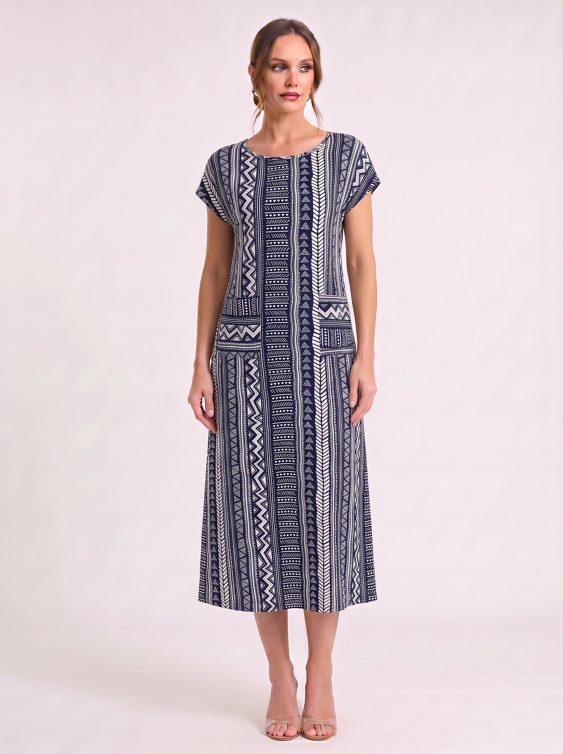Linara Brushstroke Midi Sundress – Casual Dresses Women Beach Vacation Stripe Short Sleeve Midi Dress
