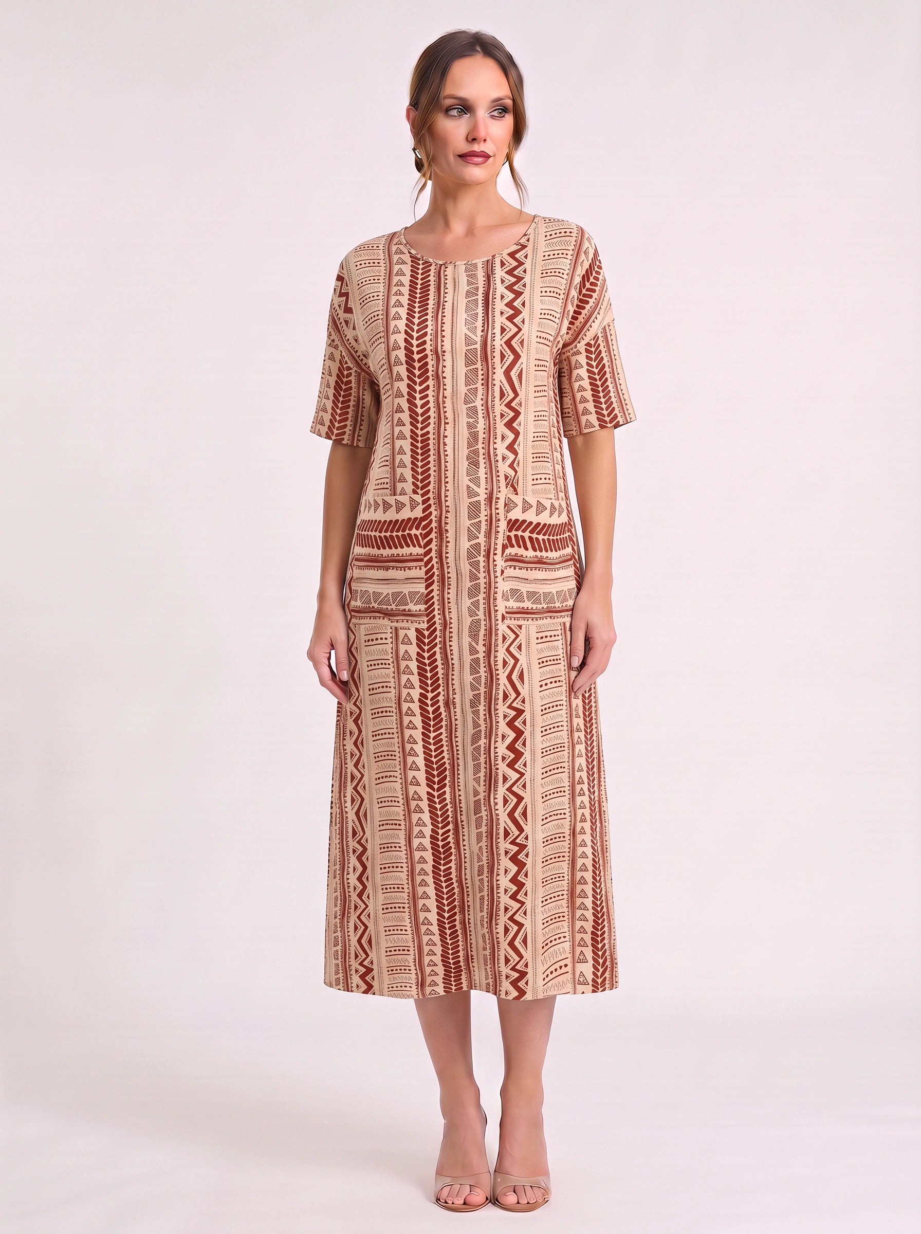Linara Brushstroke Midi Sundress – Casual Dresses Women Beach Vacation Stripe Short Sleeve Midi Dress