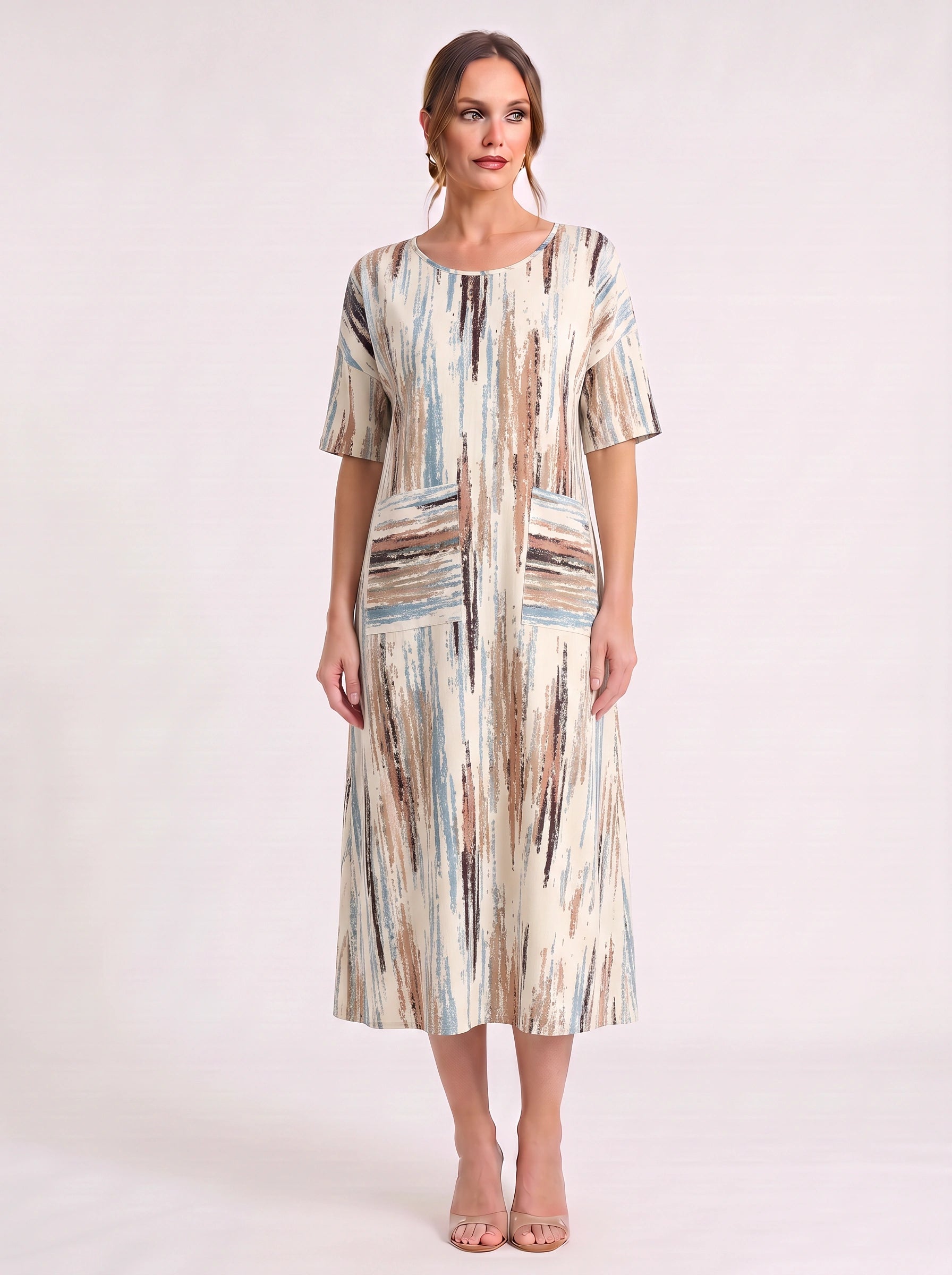 Linara Brushstroke Midi Sundress – Casual Dresses Women Beach Vacation Stripe Short Sleeve Midi Dress