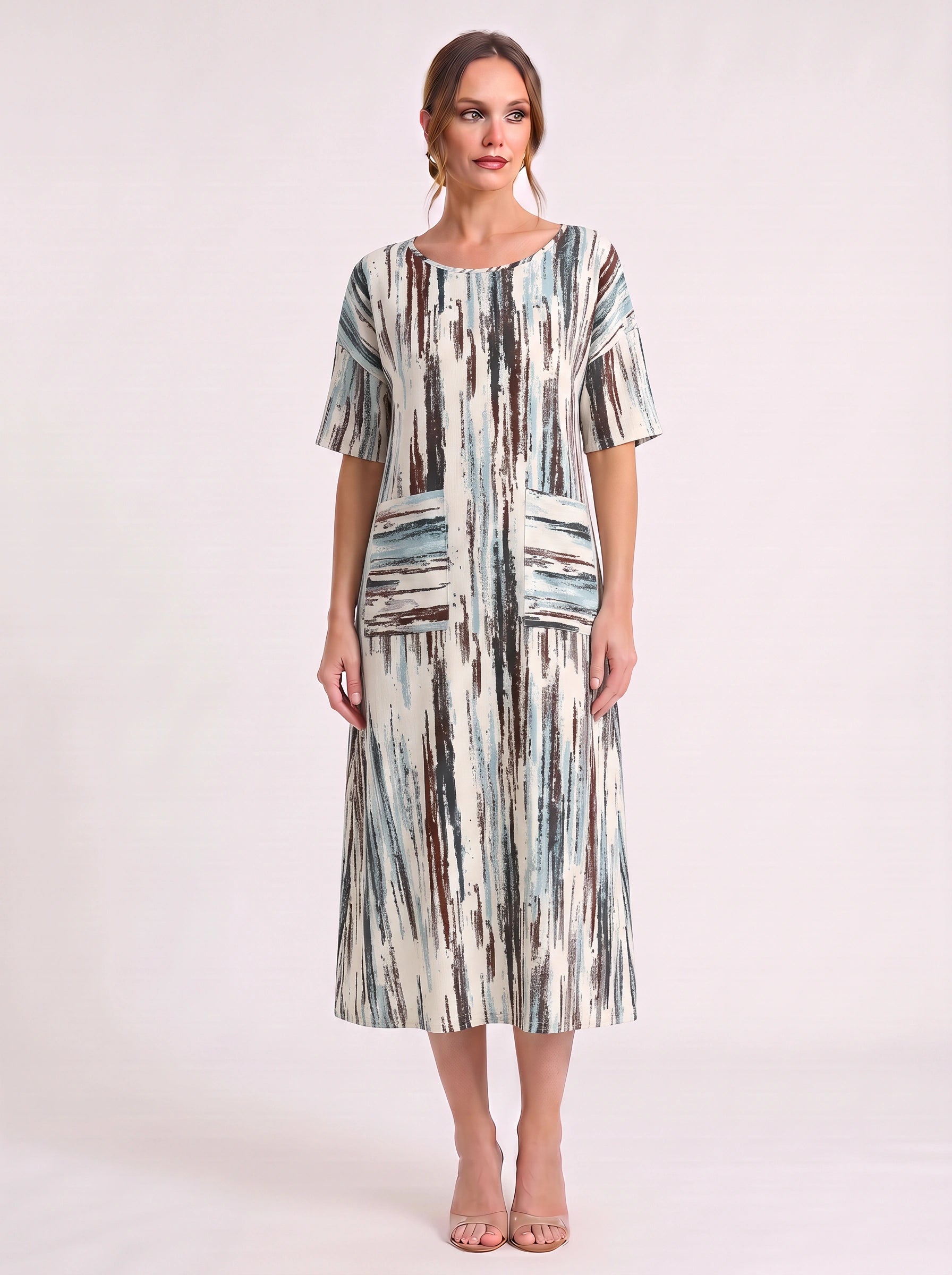 Linara Brushstroke Midi Sundress – Casual Dresses Women Beach Vacation Stripe Short Sleeve Midi Dress