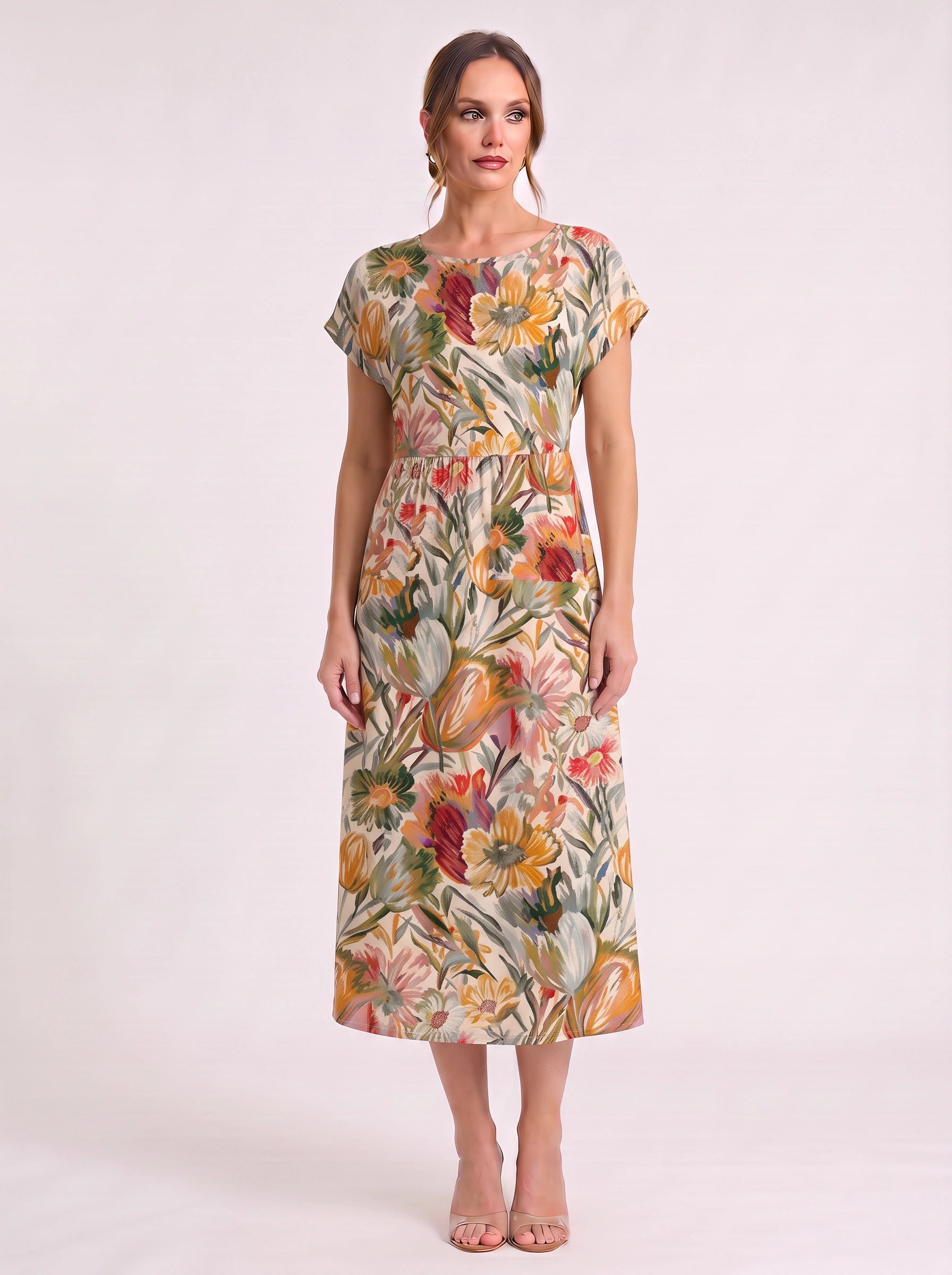 Linara Brushstroke Midi Sundress – Casual Dresses Women Beach Vacation Stripe Short Sleeve Midi Dress