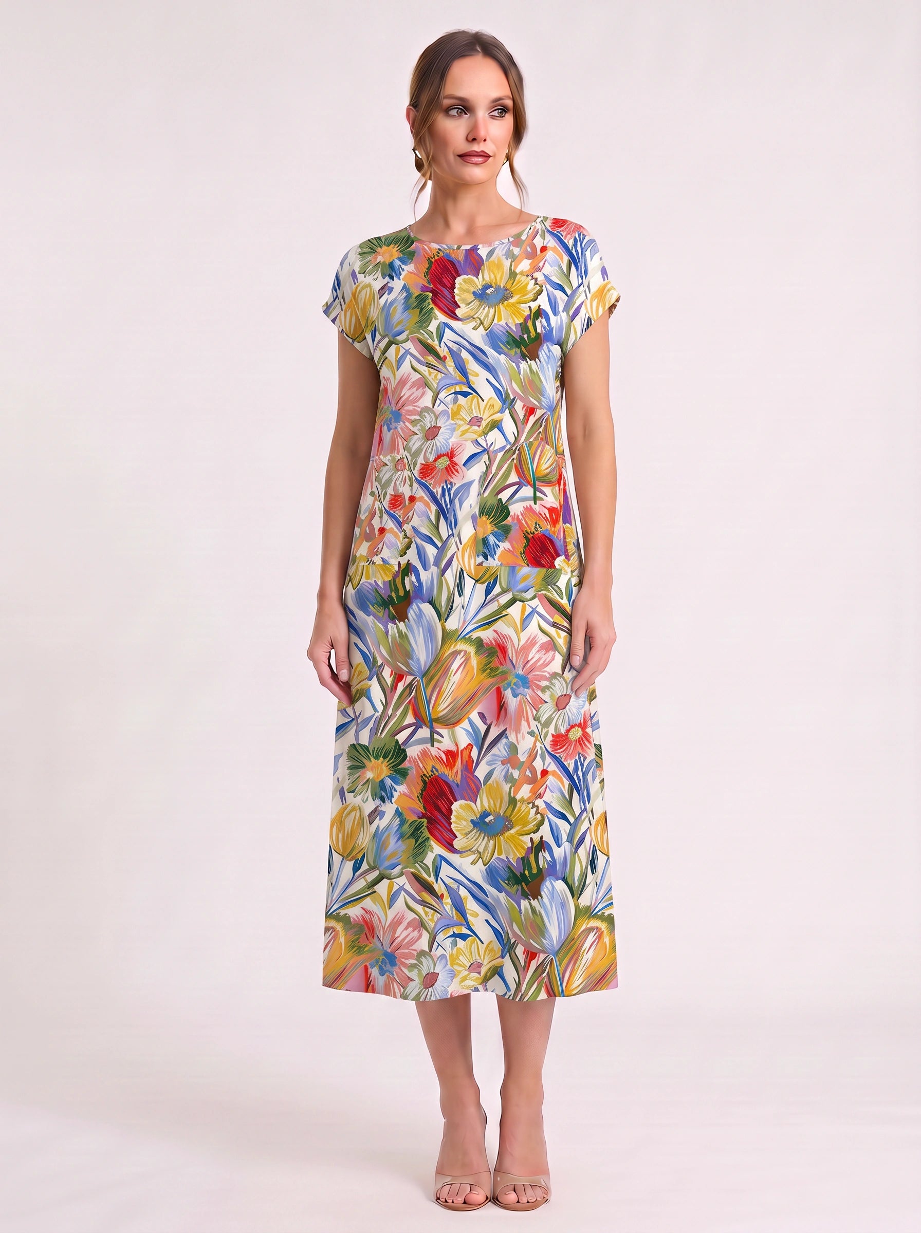 Linara Brushstroke Midi Sundress – Casual Dresses Women Beach Vacation Stripe Short Sleeve Midi Dress