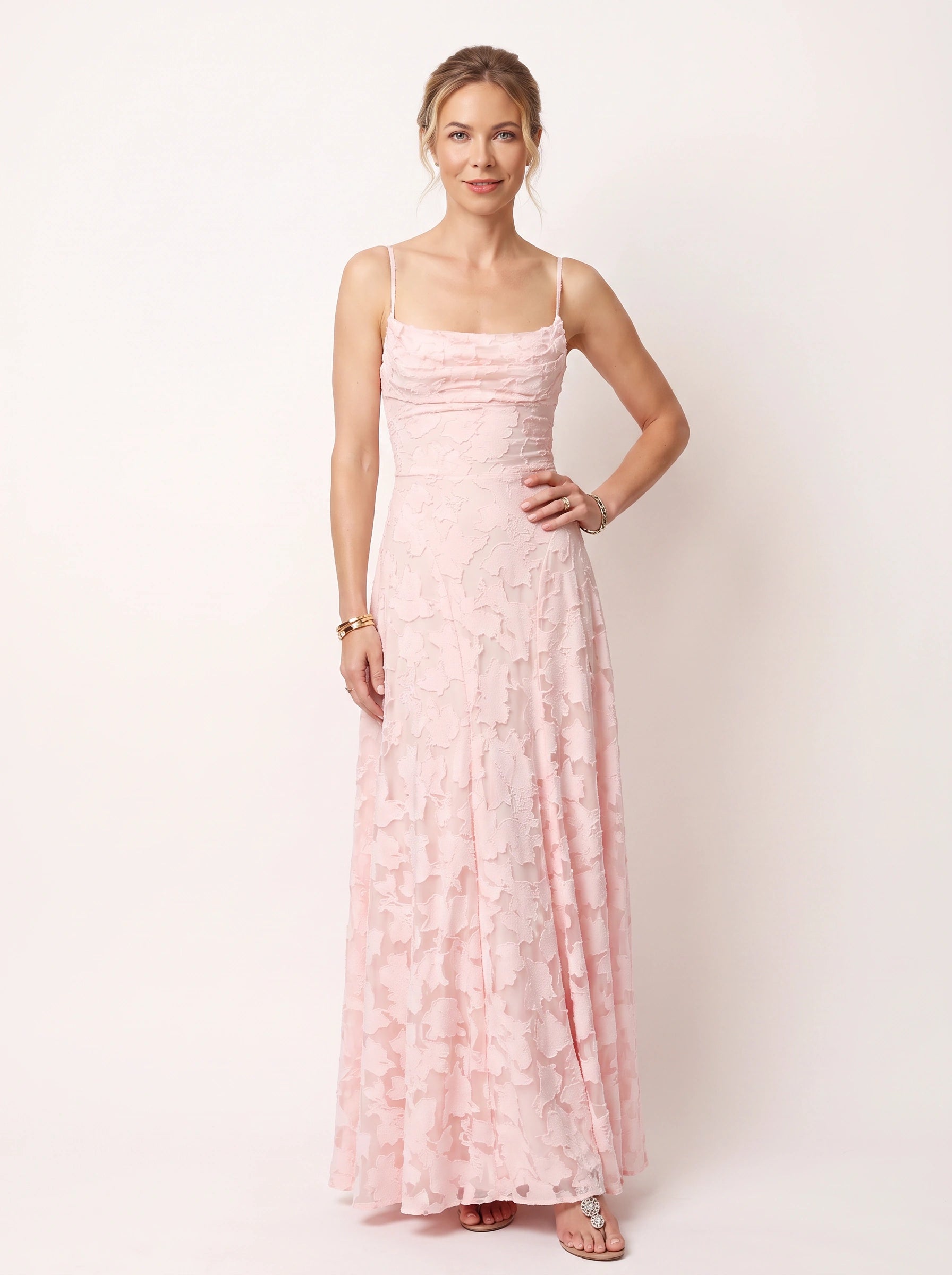 Petalia Floral Appliqué Maxi Dress – Textured Formal Women Wedding Guest Cocktail Evening Summer Maxi Dress