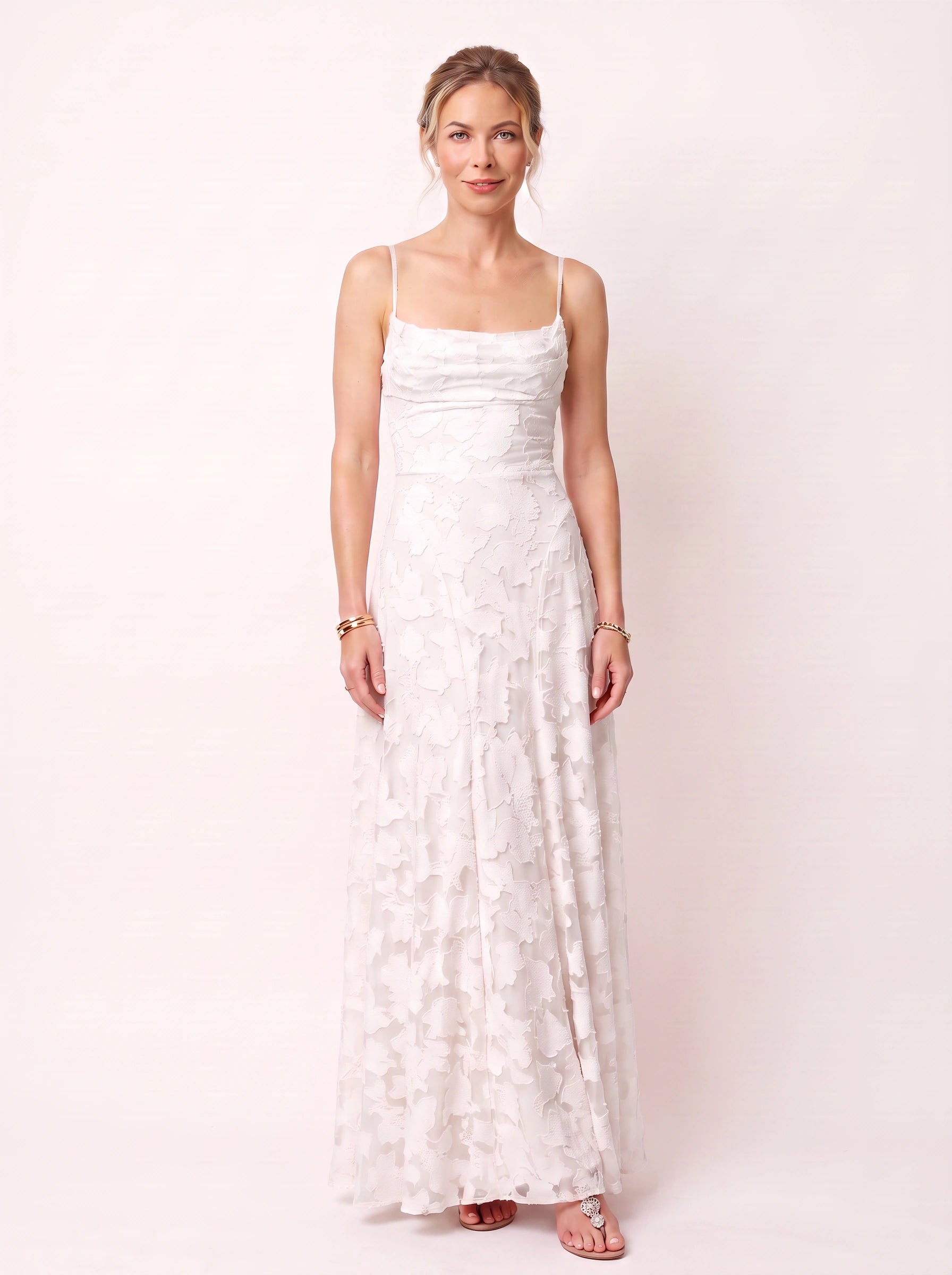 Petalia Floral Appliqué Maxi Dress – Textured Formal Women Wedding Guest Cocktail Evening Summer Maxi Dress