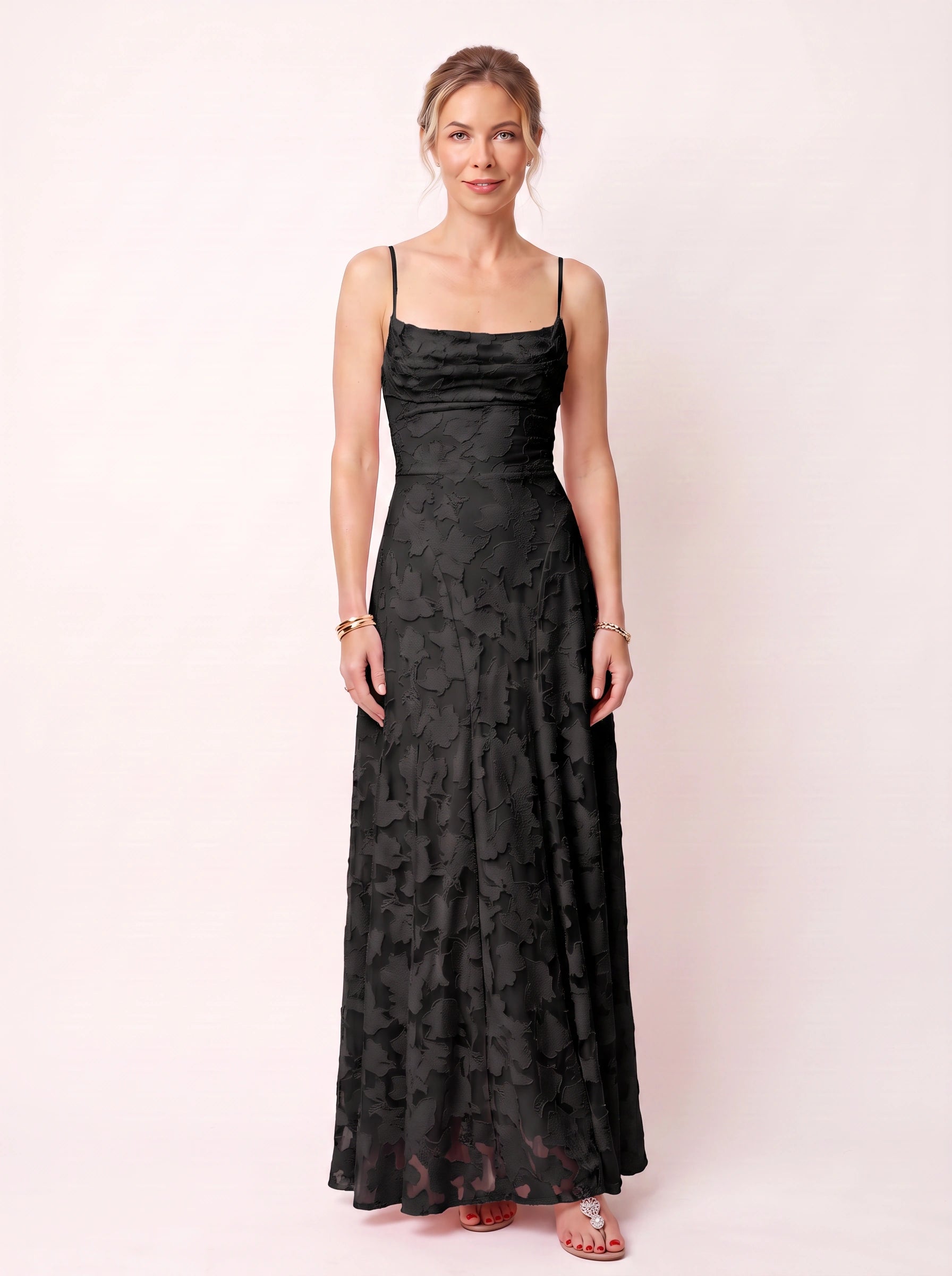 Petalia Floral Appliqué Maxi Dress – Textured Formal Women Wedding Guest Cocktail Evening Summer Maxi Dress
