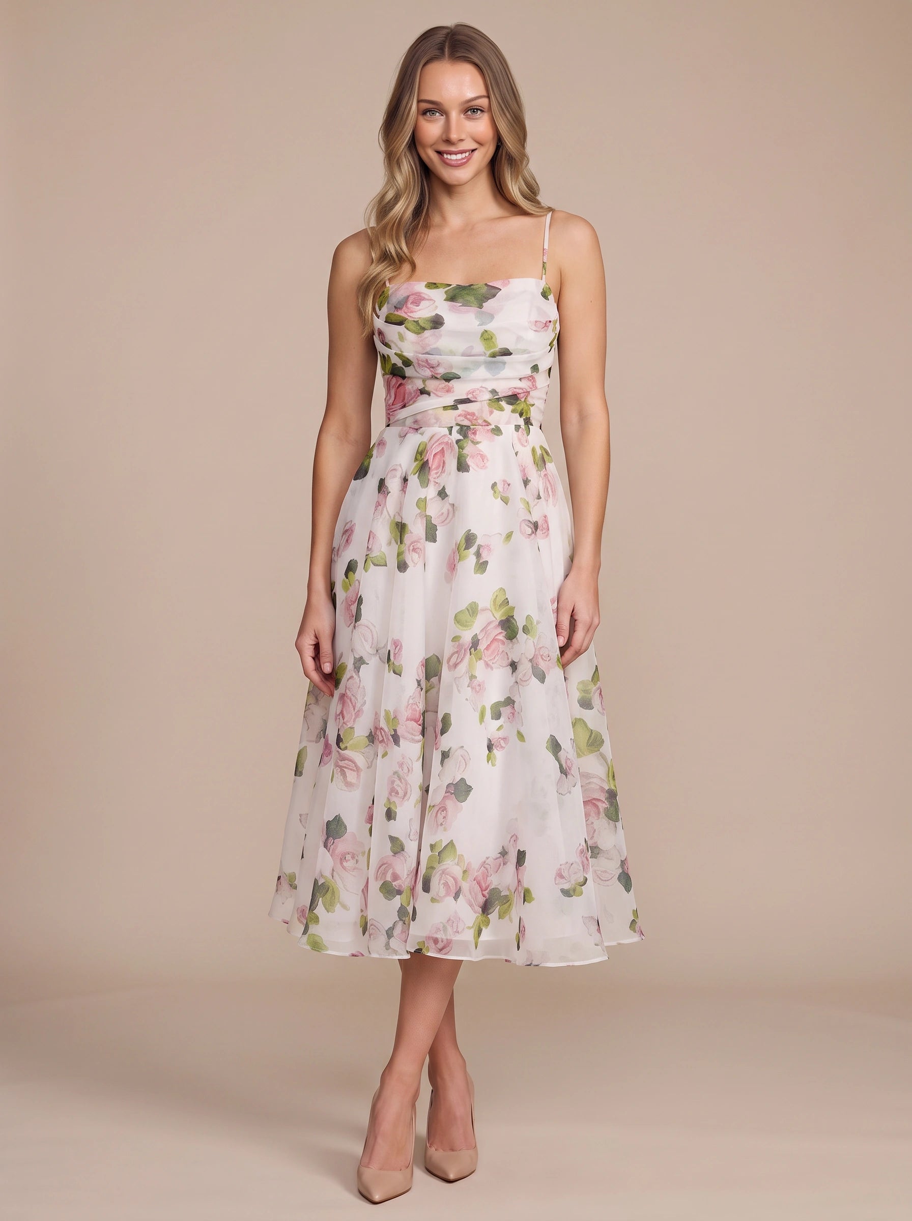 Rosalind Floral Sweetheart Midi Dress – Women Summer Wedding Guest Garden Party Cocktail Midi Dress